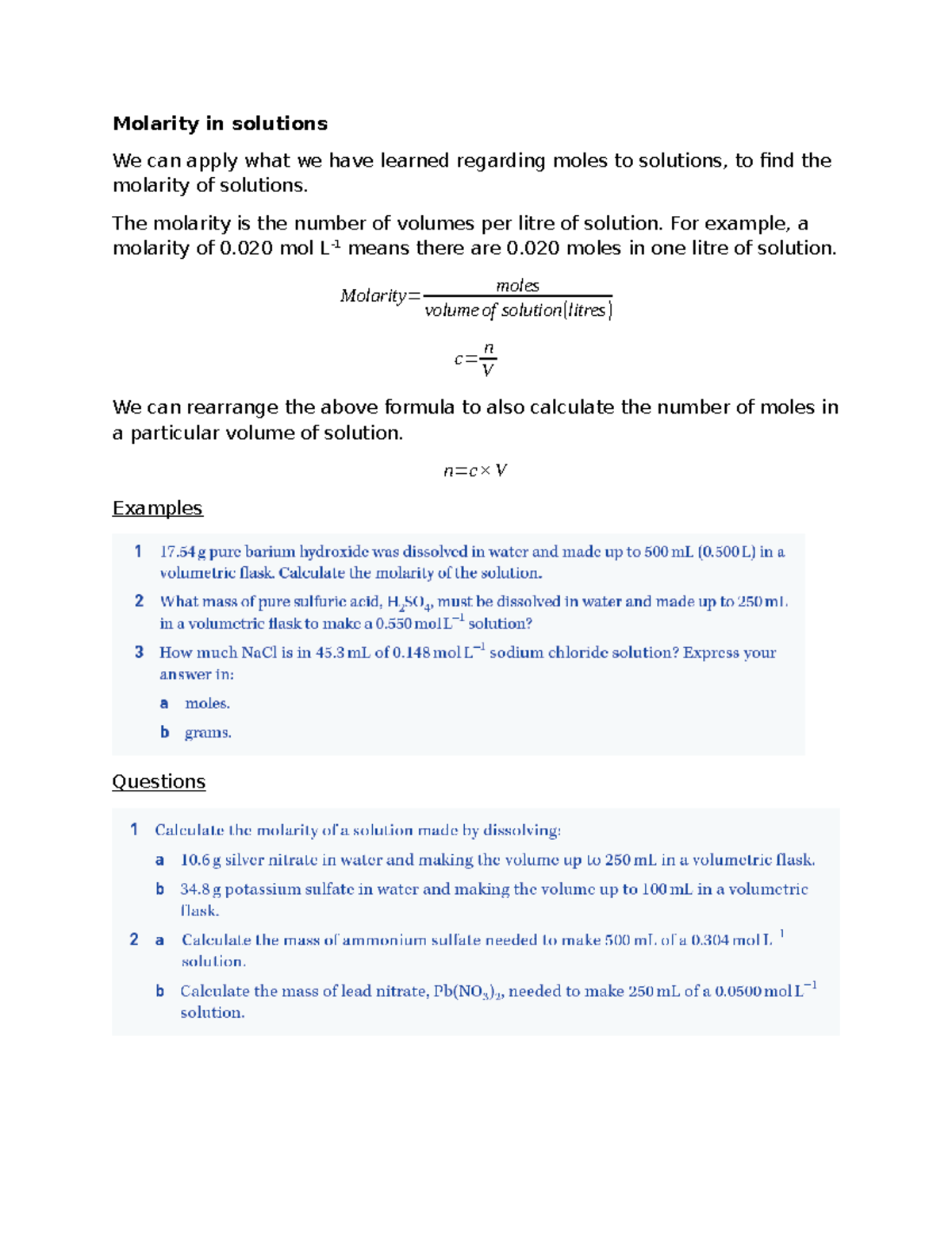 Molarity and Dilutions in Solutions: Key Concepts and Examples - Studocu