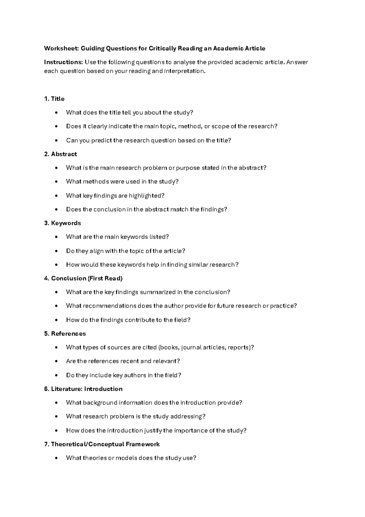 Worksheet: Guiding Questions for Critically Reading an Academic Article ...