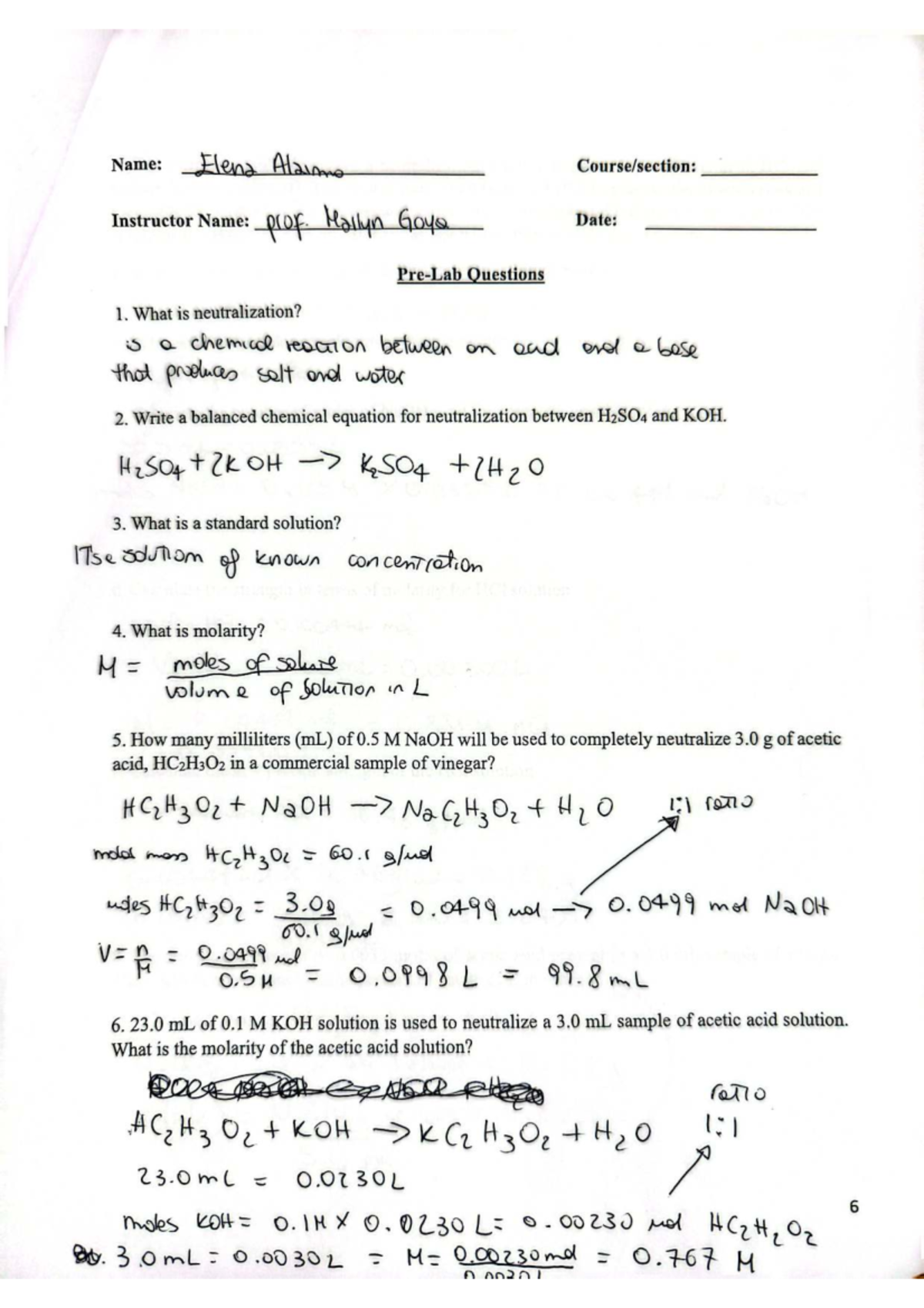 Lab 8 - Neutralization Reactions and Molarity Calculations - Studocu