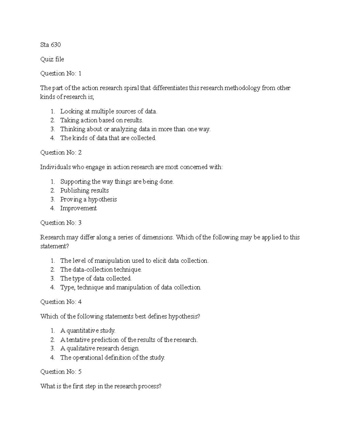 Sta 630 Final Exam Quiz Notes with Answer Key for Preparation - Studocu