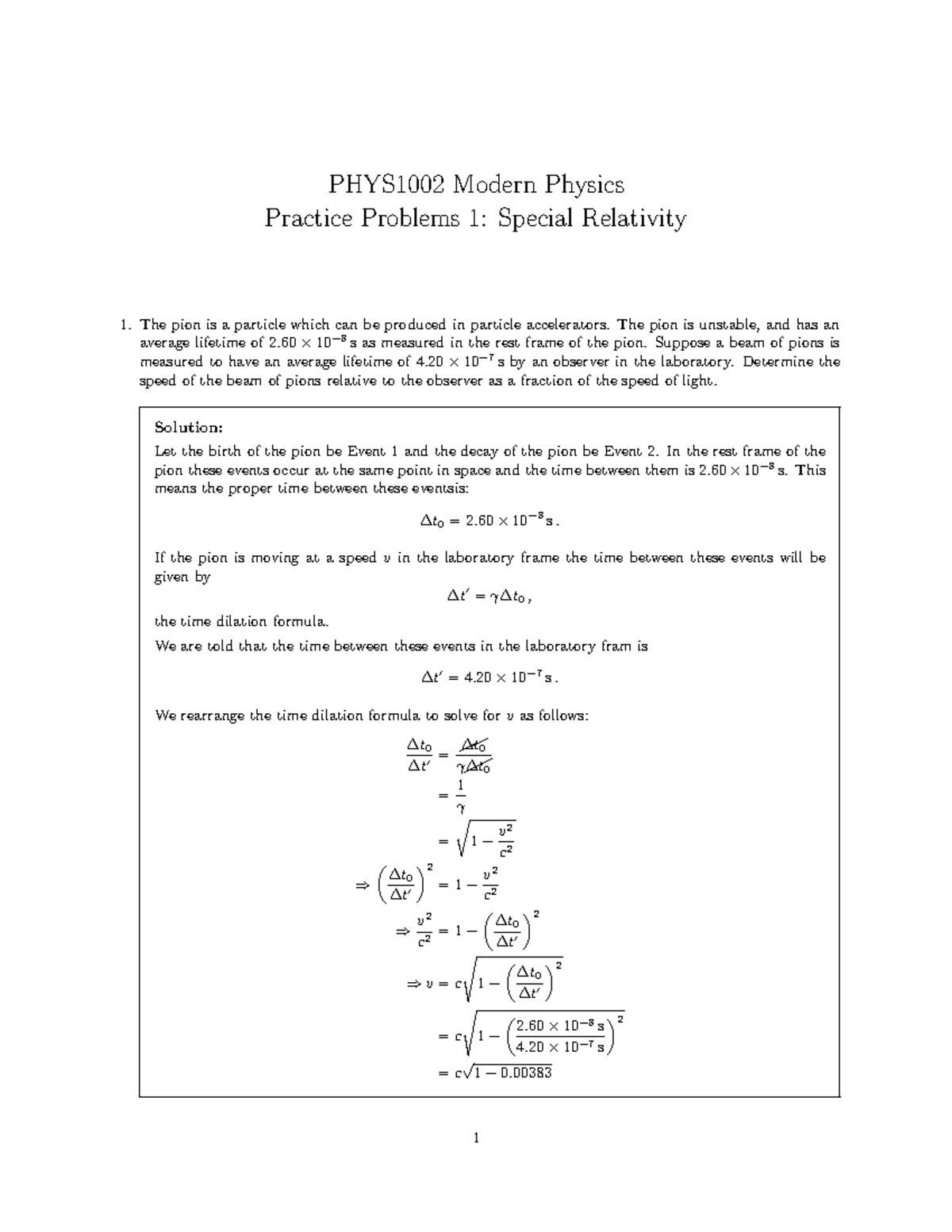 PHYS1002 Practice Problems 01: Special Relativity Solutions SEM 2 2025 ...