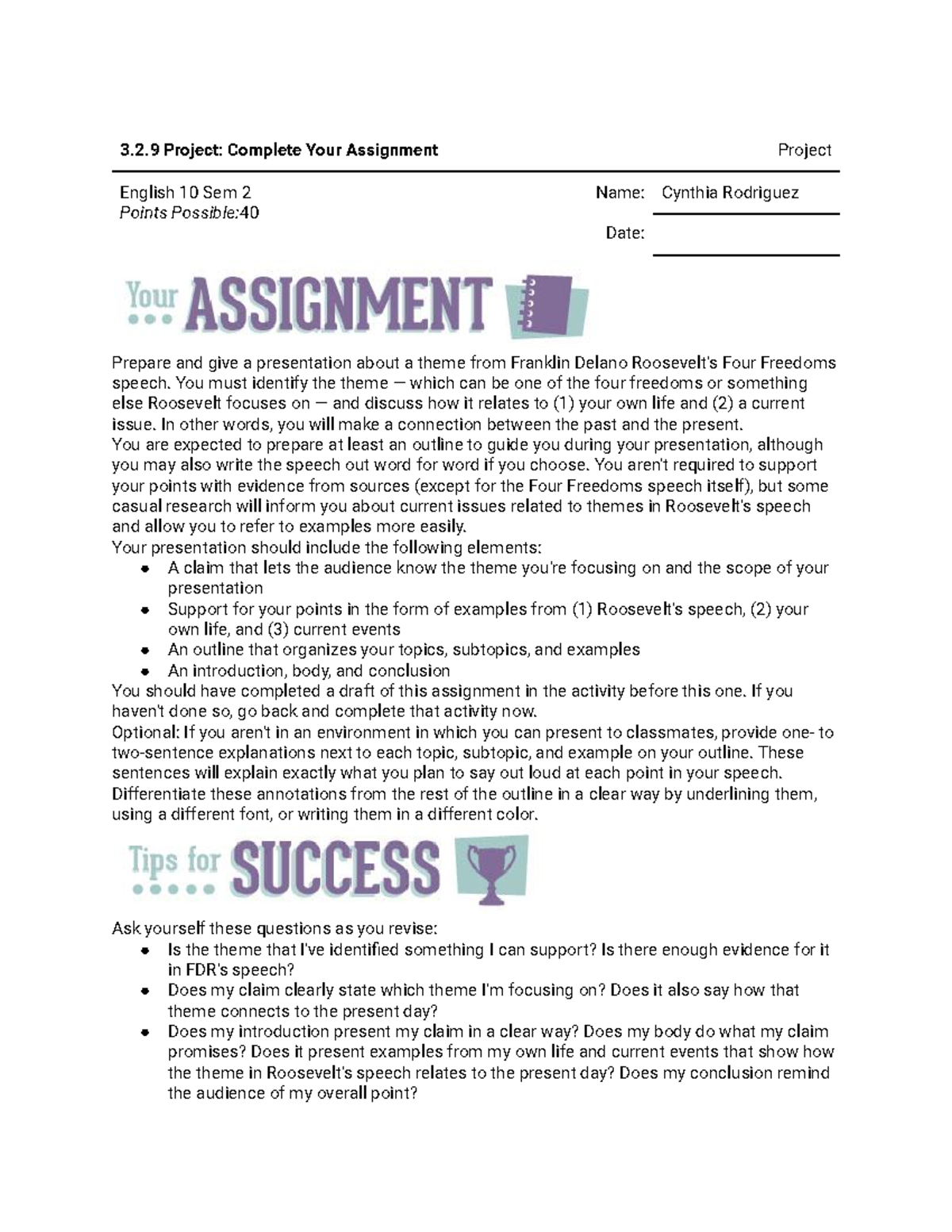 English 10 Sem 2: Completing Your FDR Four Freedoms Project - Studocu