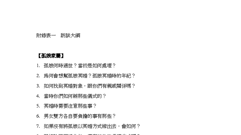 附錄一 訪談大綱 - 22g2 - 附錄表一 訪談大綱 【孤娘家屬】 1. 孤娘何時過世？當初是如何處理？ 2. 為何會想幫孤娘冥婚？孤娘冥婚 ...