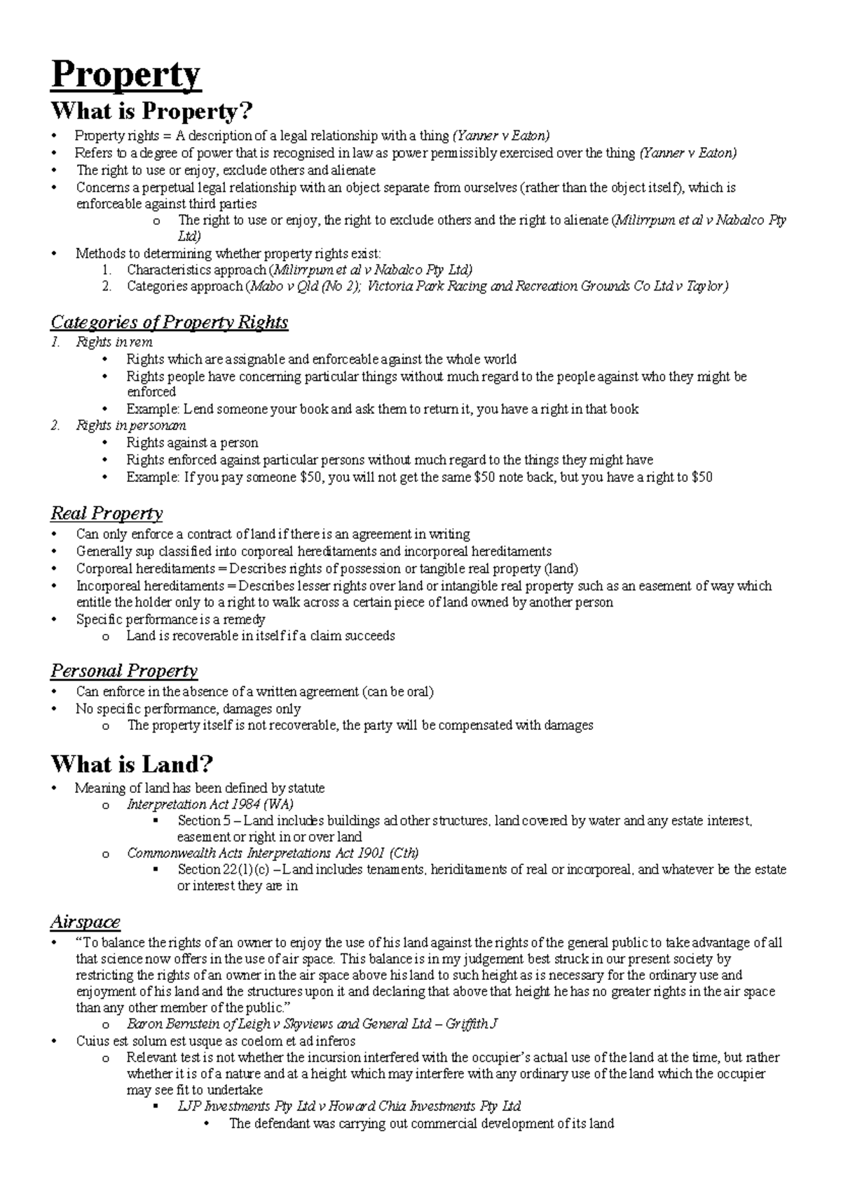 Native Title Mabo No2 Property Law Cheat Sheet CHAPTER 1: THE