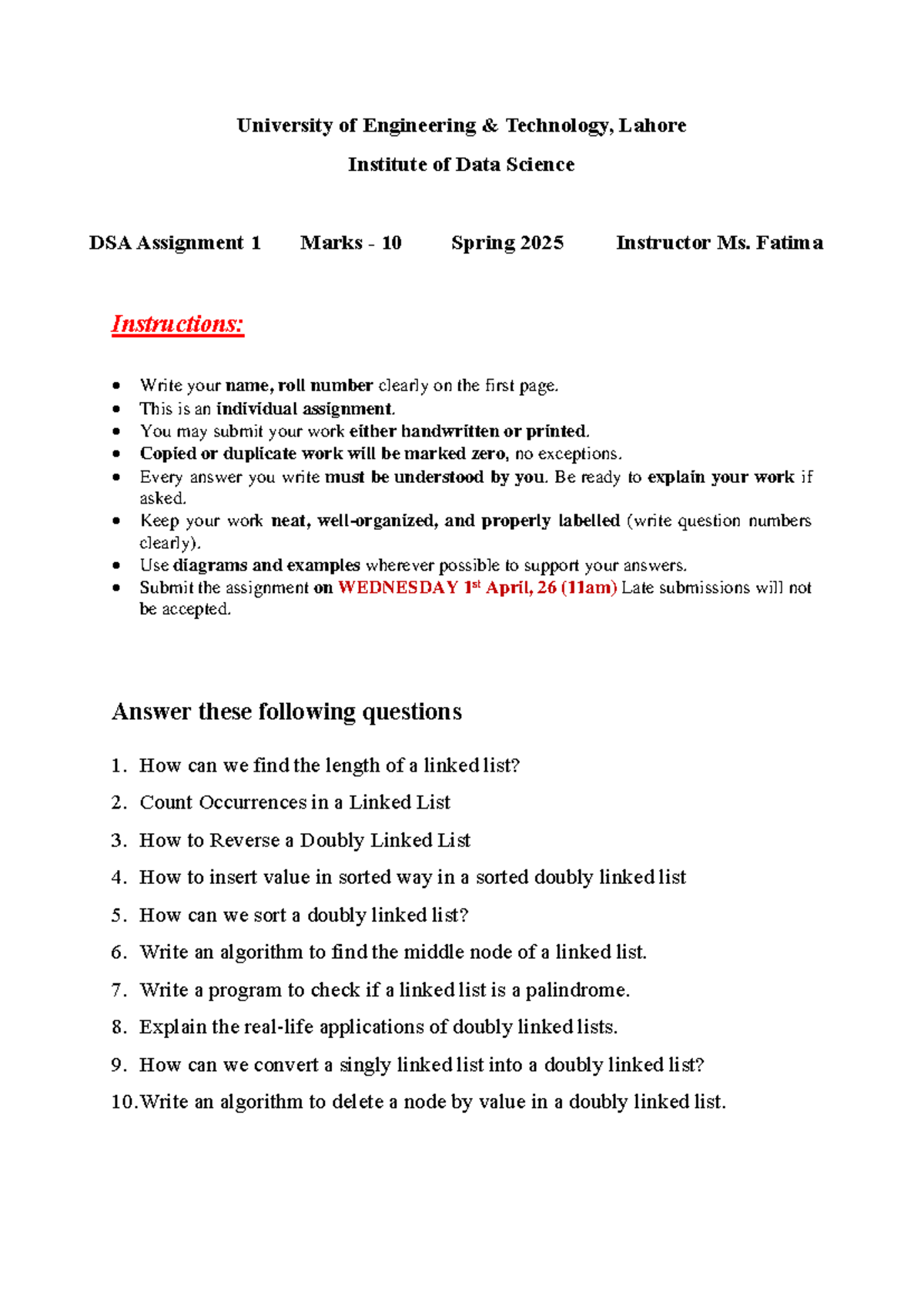 DSA Assignment 1 - Linked List Concepts & Algorithms (Spring 2025 ...