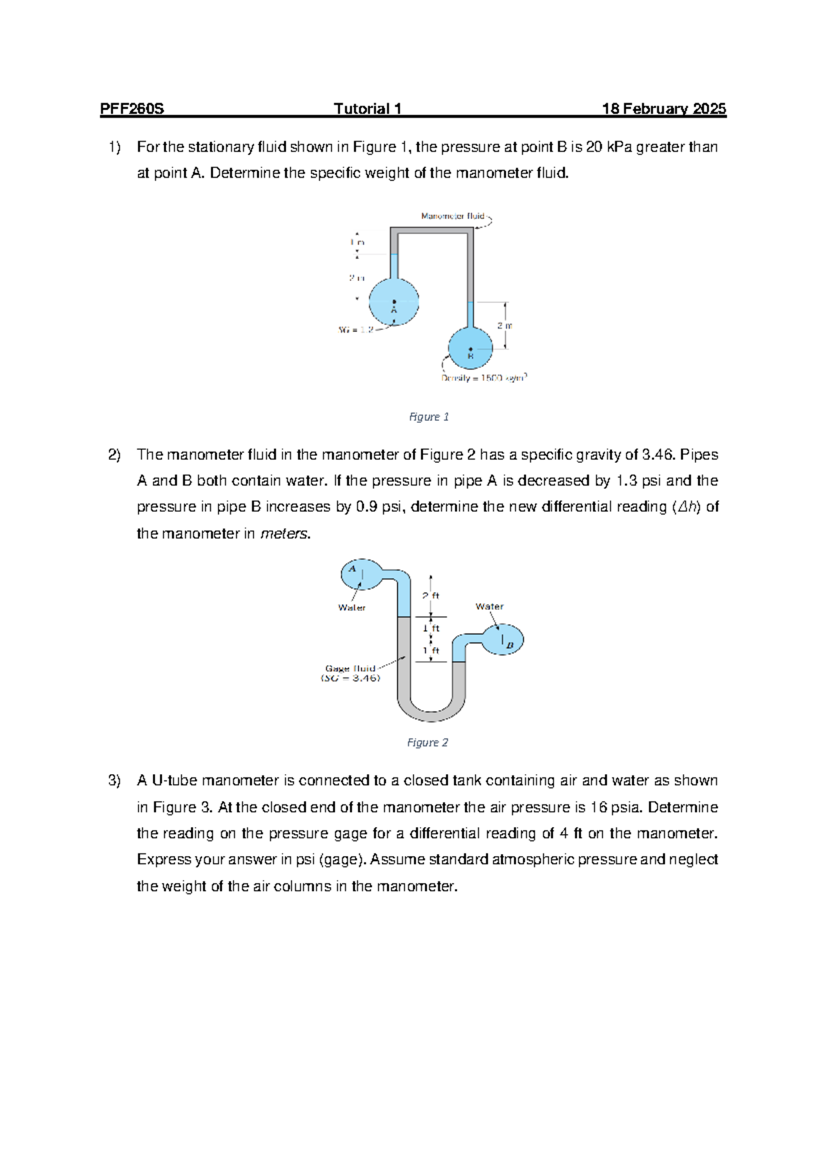 PFF260S Tutorial 1: Manometer Calculations and Analysis - Studocu