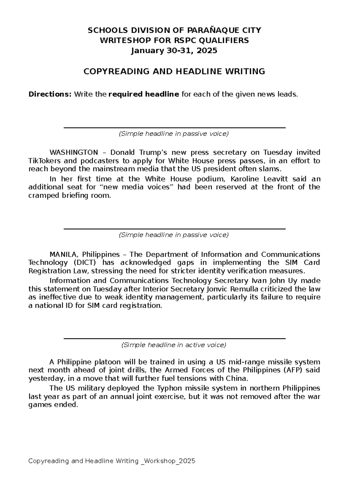 CRHW 2025 Copyreading & Headline Writing Worksheet Exercises - Studocu
