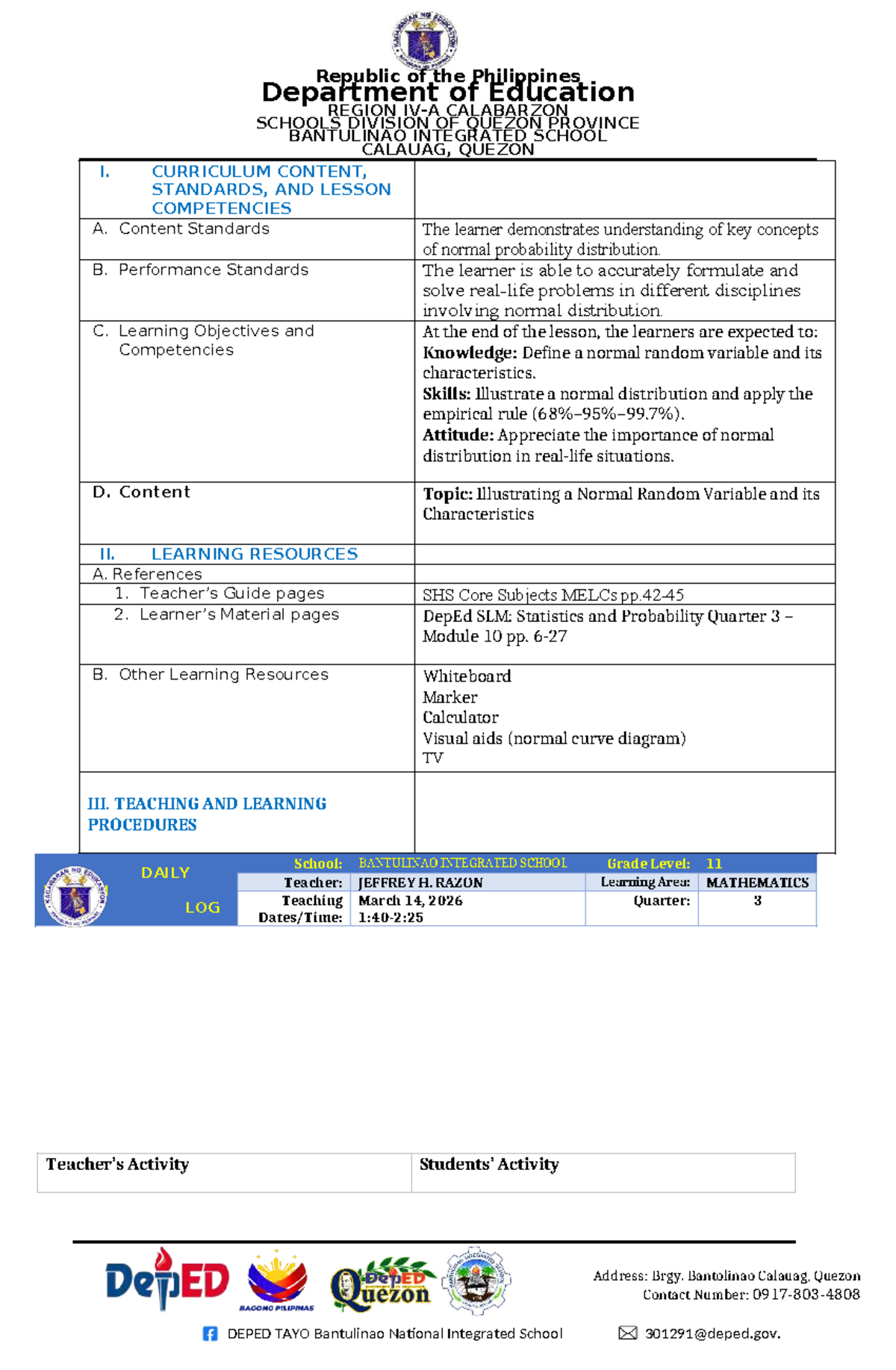 Lesson Plan STAT 11: Illustrating Normal Random Variables and ...