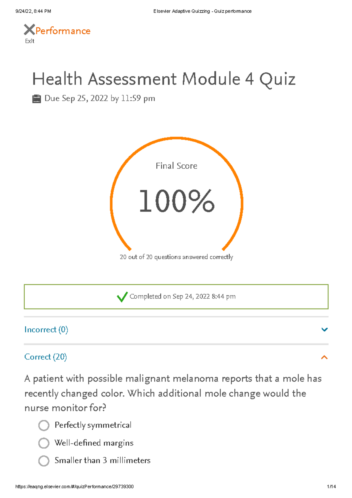 Health Assessment Module 4 - Elsevier Adaptive Quiz Performance Review ...