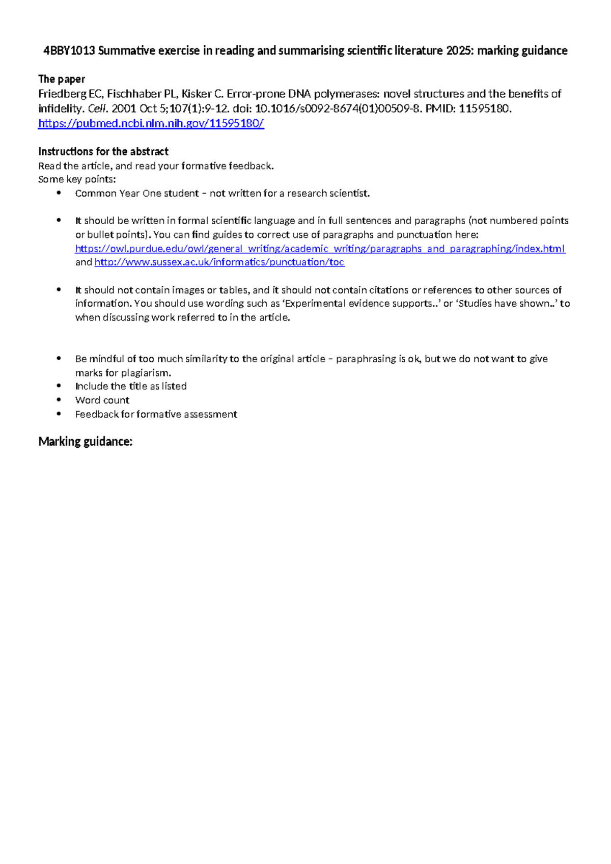 4B1013 Summative Exercise: Marking Guidance for Abstract Writing 2025 ...