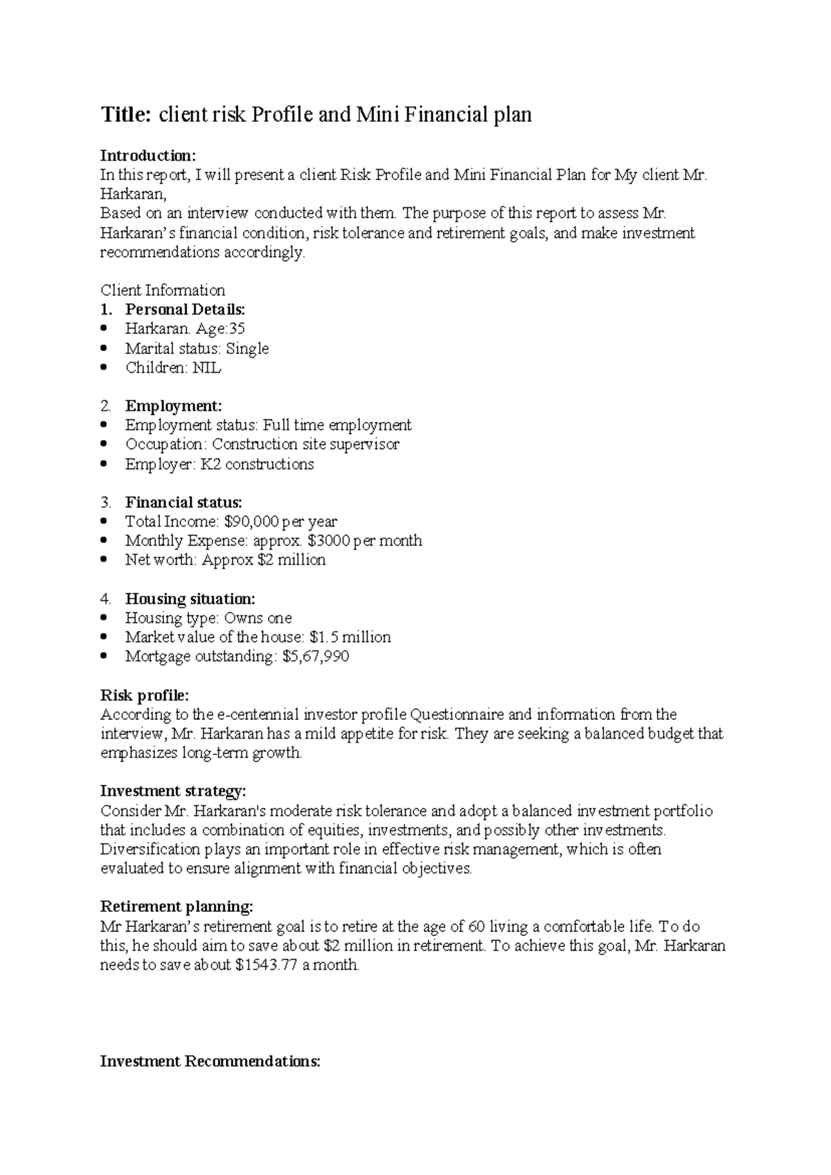Assignment - Title: client risk Profile and Mini Financial plan ...