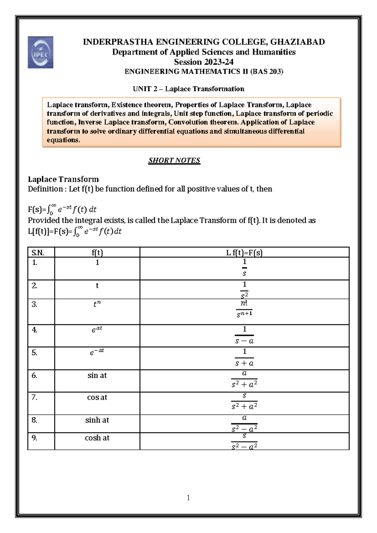 BAS 203 - Engineering Mathematics II: Unit 2 - Laplace Transform Notes ...