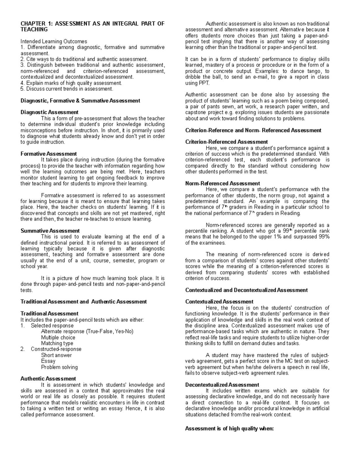 CPE106-SM: Chapter 1 - Assessment in Teaching and Learning - Studocu