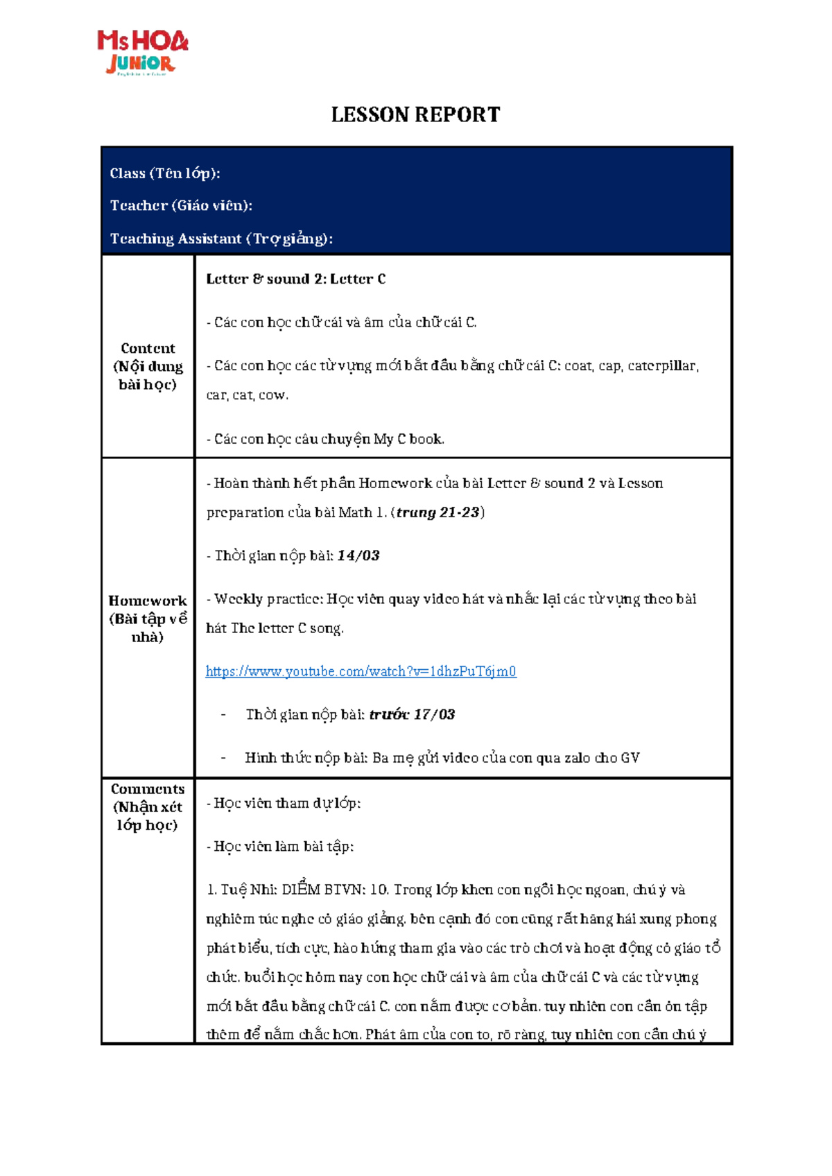 Lesson Report - Letter & Sound 2 - Kiddie - LESSON REPORT Class (Tên l ...