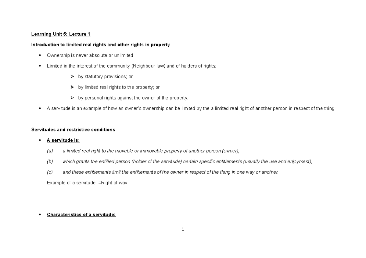 PROPETY LAW LU5 Lecture 1: Understanding Limited Real Rights ...