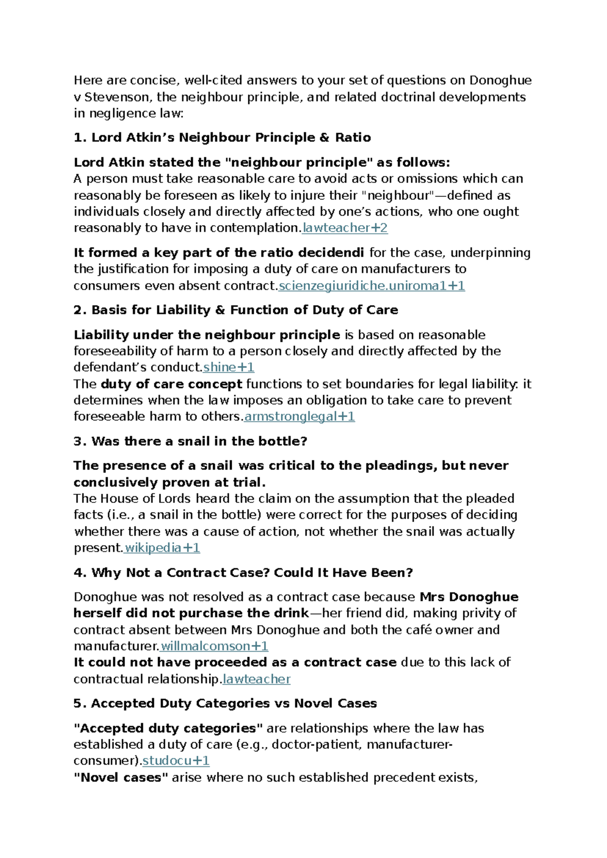 Tort Law Tutorial Q&A: Donoghue v Stevenson & Duty of Care - Studocu
