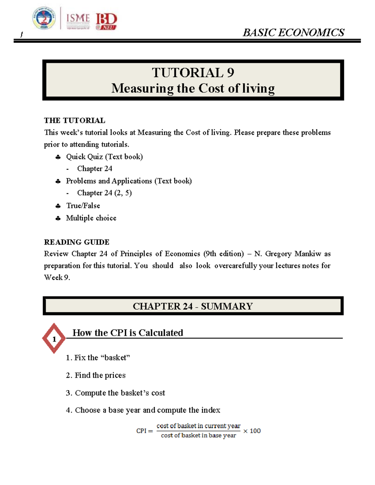 STU- Tutorial 9 - Basic Economics: Measuring the Cost of Living Summary ...