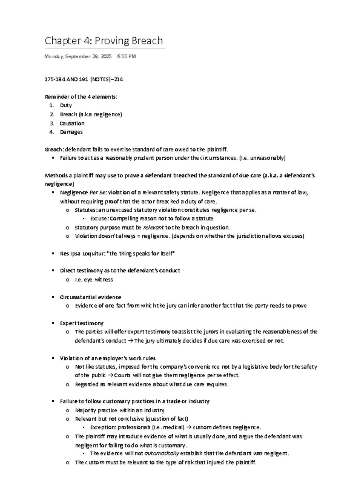 Chapter 4: Proving Breach - Notes & Case Briefs (LAW 191) - Studocu