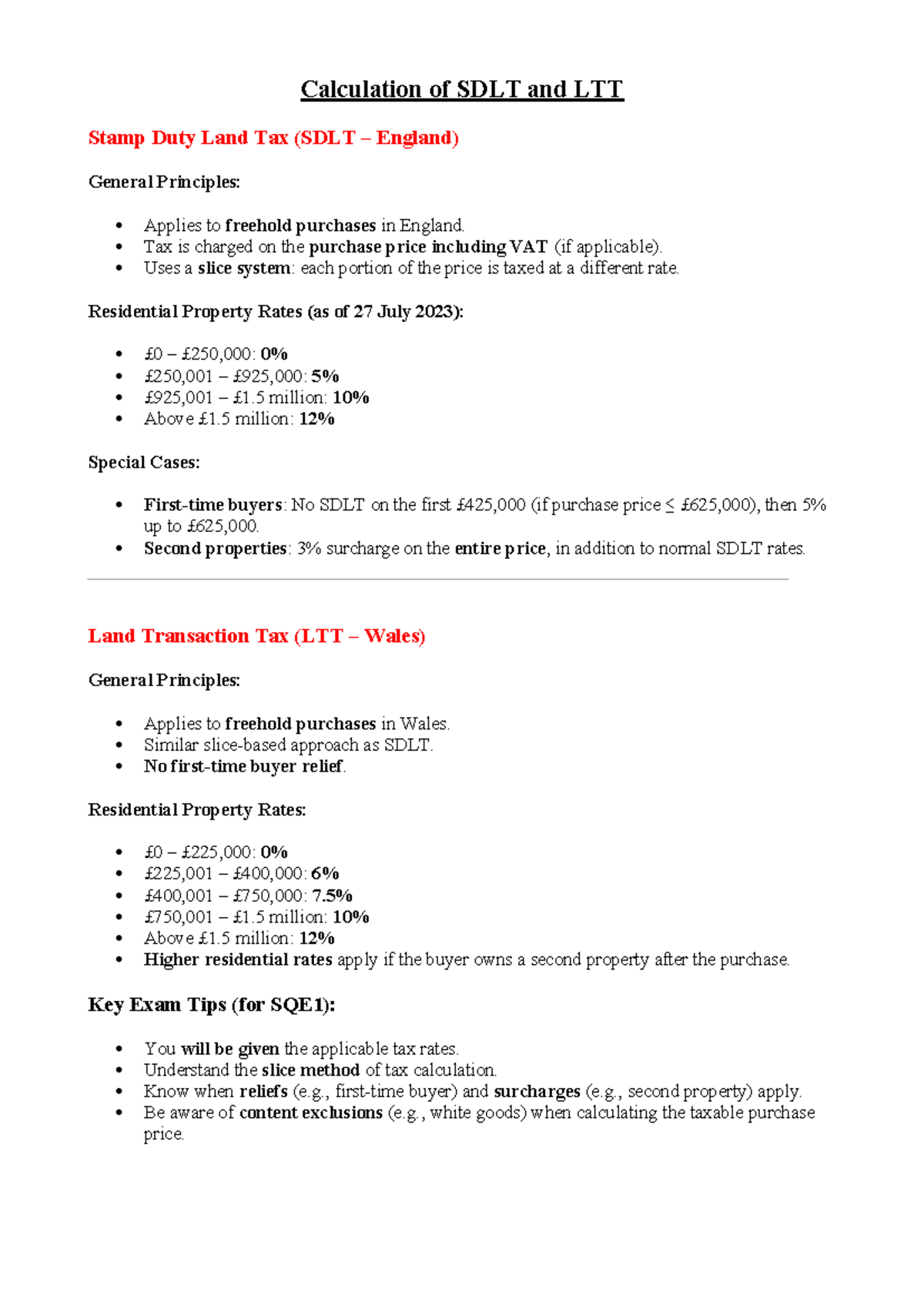 Calculation of SDLT & LTT: Key Principles & Exam Tips for SQE1 - Studocu