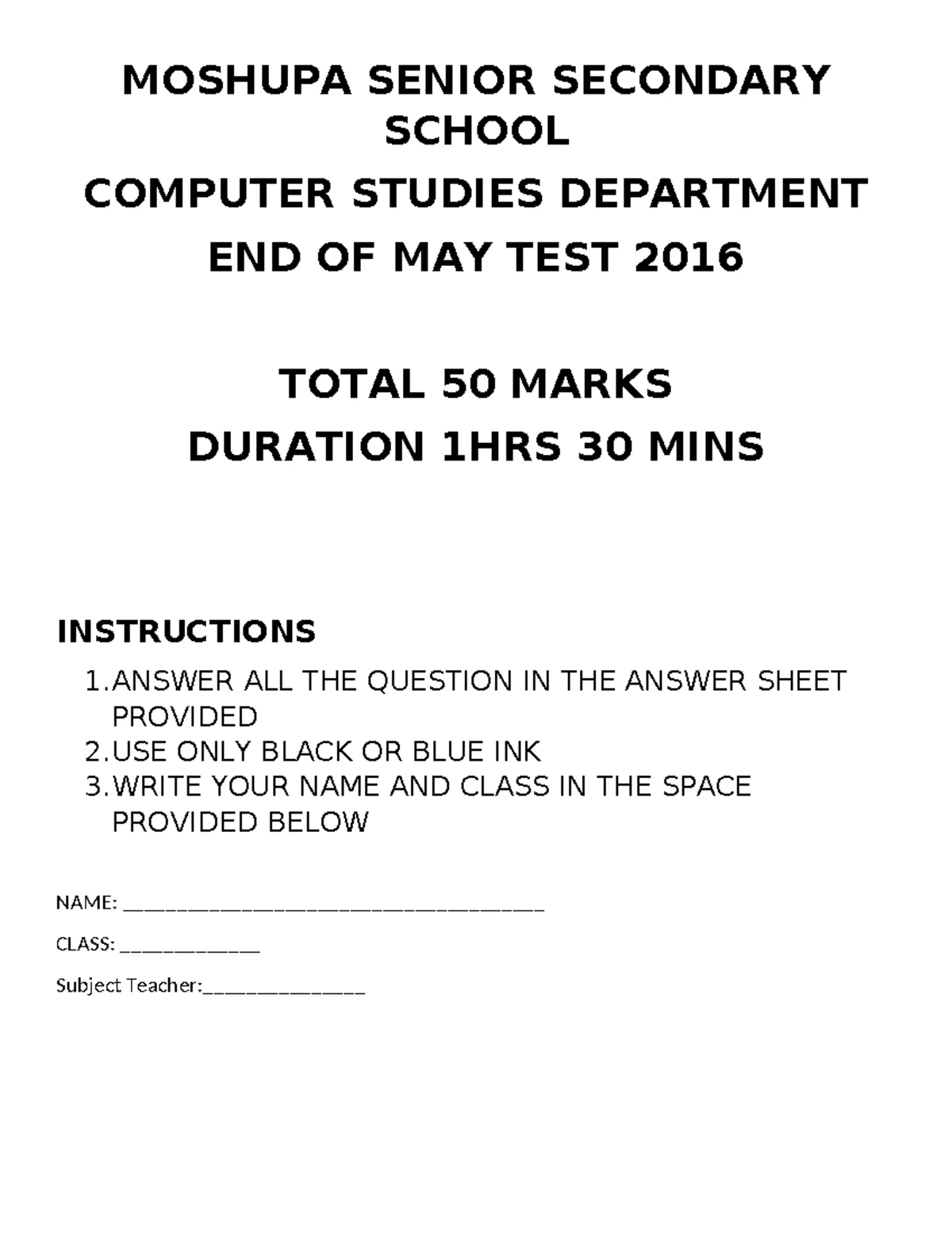 Form 4 End of May Test Notes - Computer Studies Department - Studocu