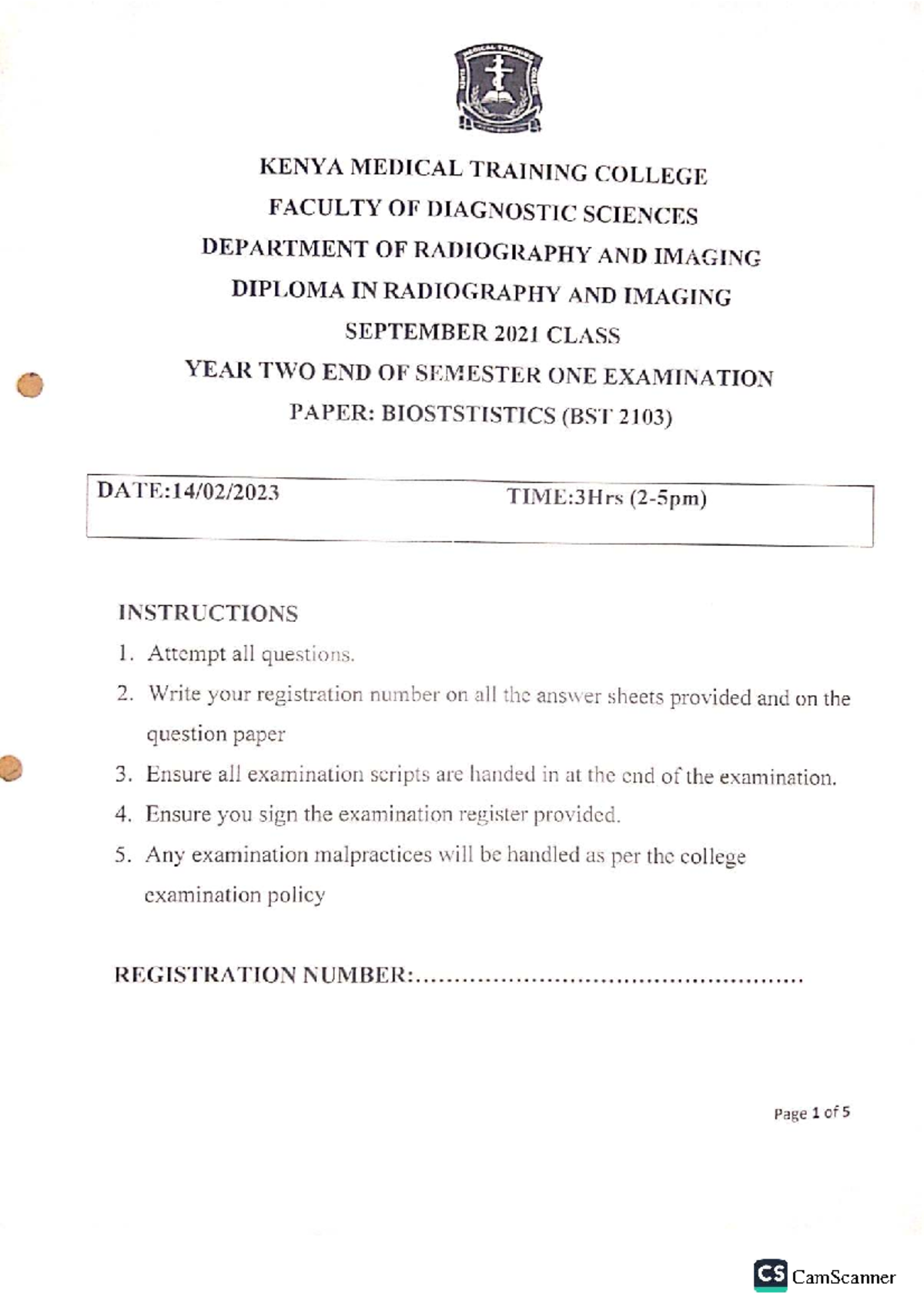 Biostatistics (BST 2103) Year 2 End of Semester 1 Exam Paper - Studocu