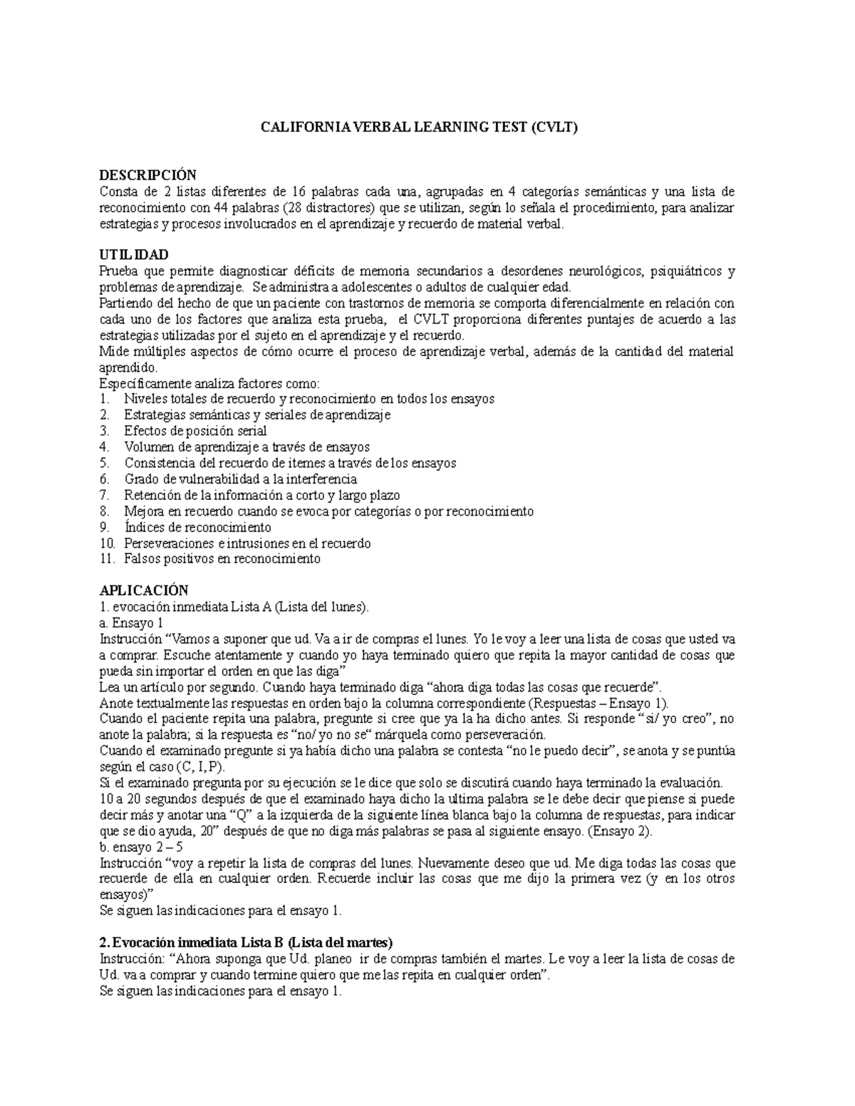 Guía del Test de Aprendizaje Verbal de California (CVLT) - Studocu