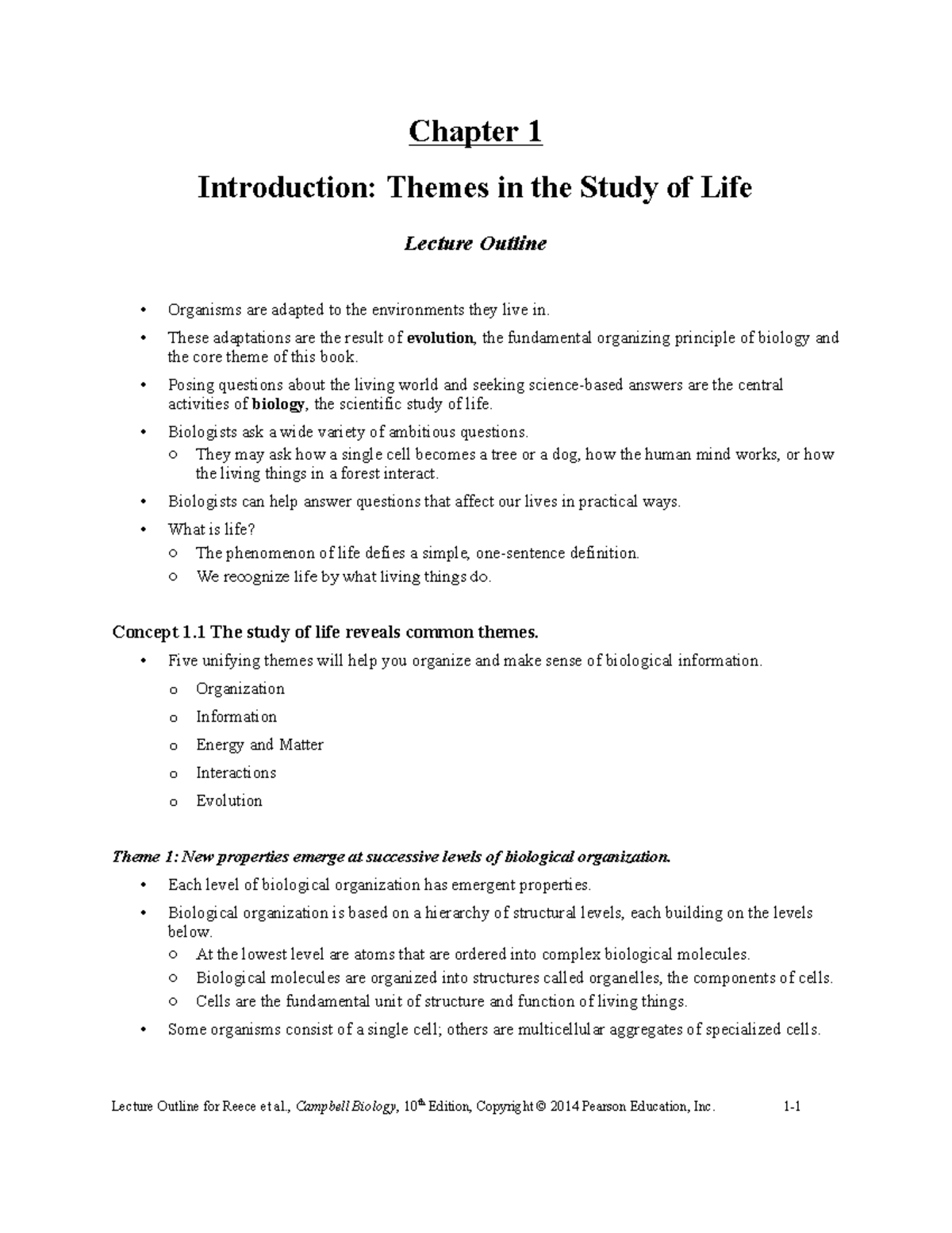 Lecture Outline: Chapter 1 - Themes in Biology (Campbell Biology 10e ...