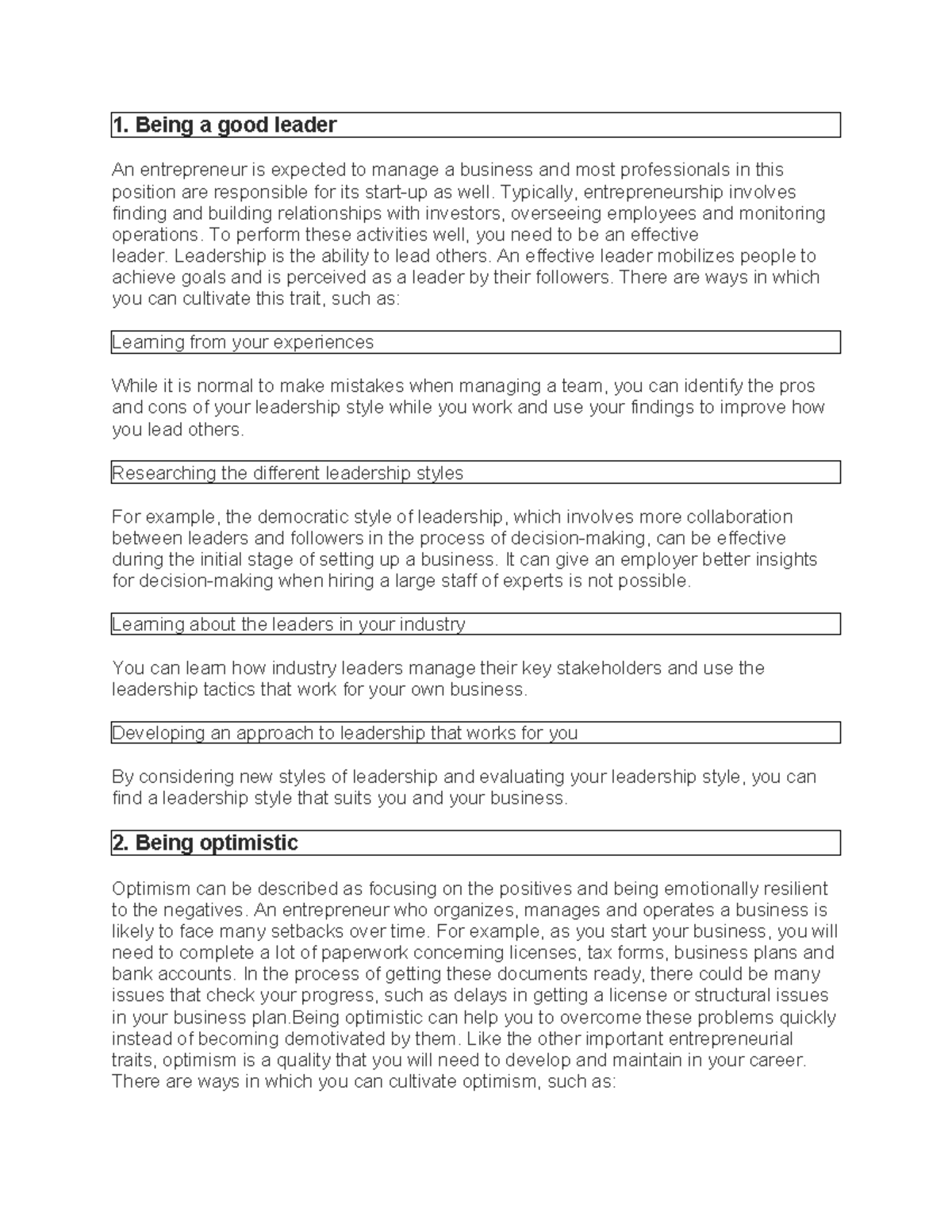 Traits on entreprenuer docx - 1. Being a good leader An entrepreneur is ...