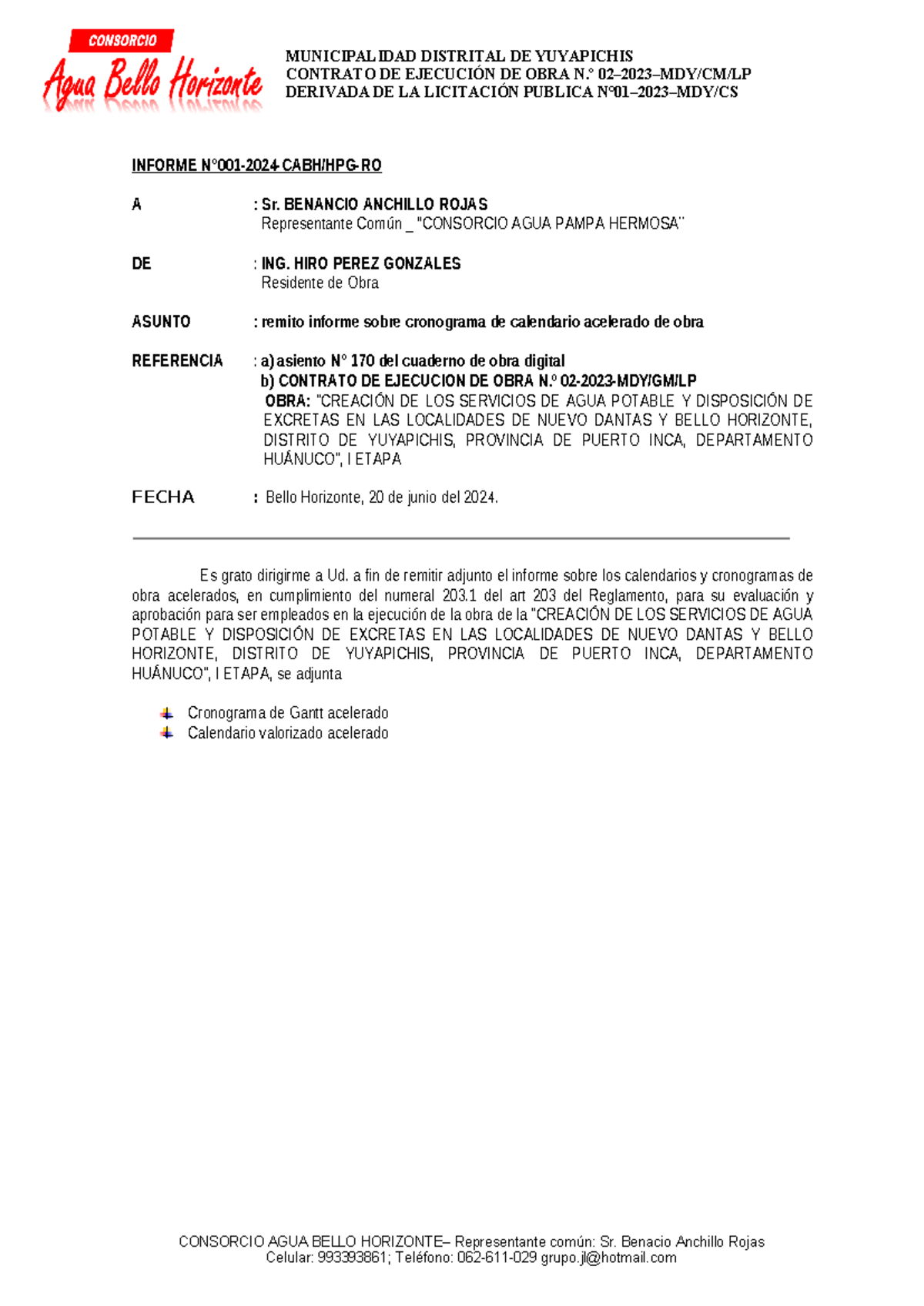 Informe 01: Cronograma Acelerado de Obra - Contrato N°02-2023-MDY - Document Preview