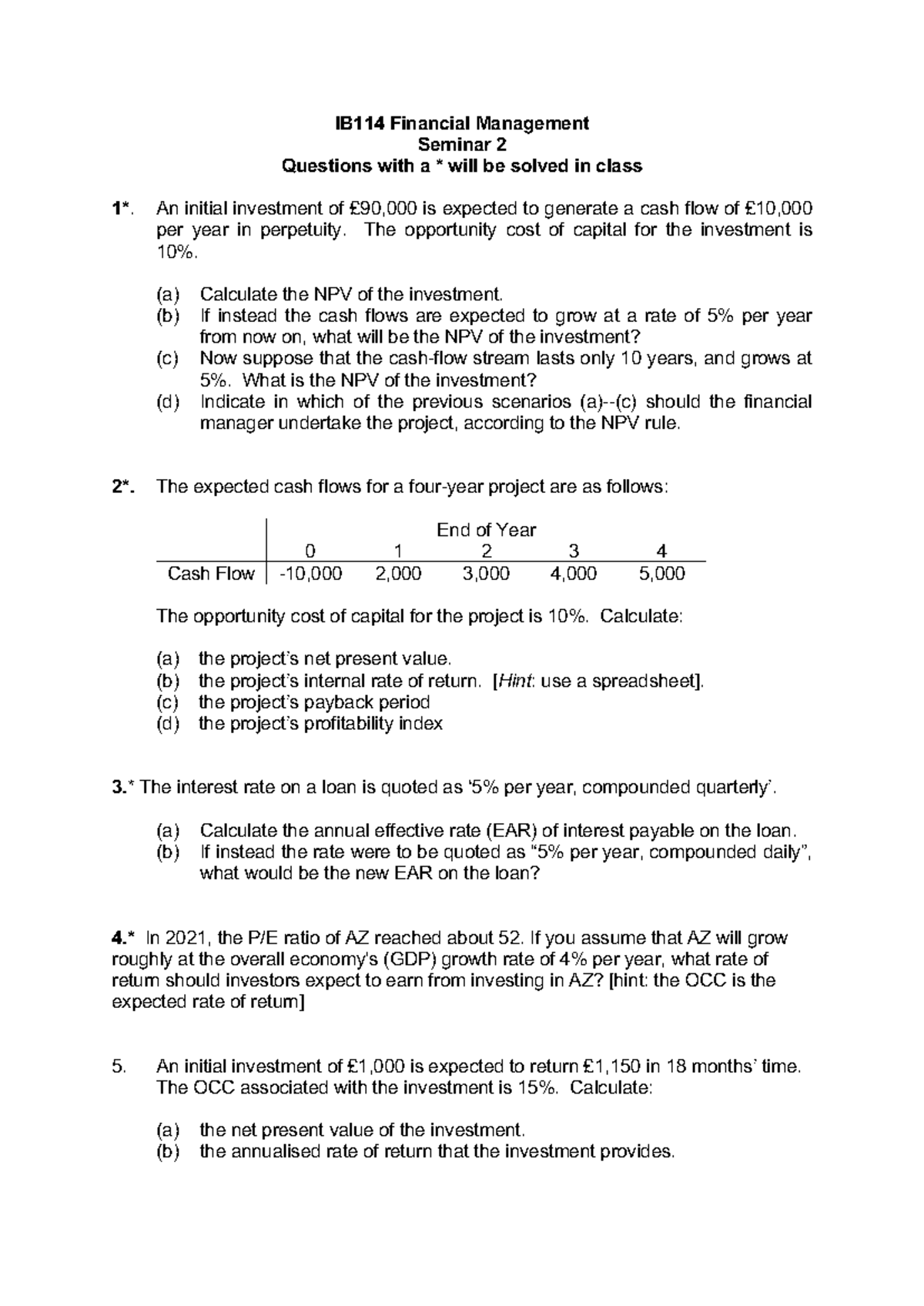 IB114 Financial Management Seminar 2: NPV and Investment Analysis ...