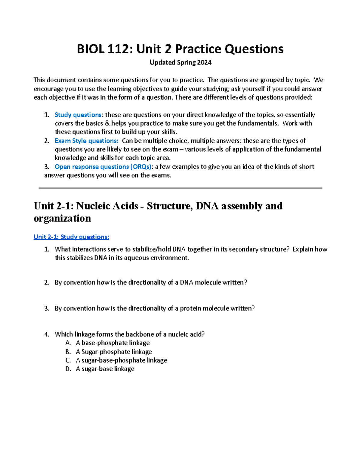 2024Unit 2 Practice questions QUESonly.docx-2 2 - BIOL 112: Unit 2 ...