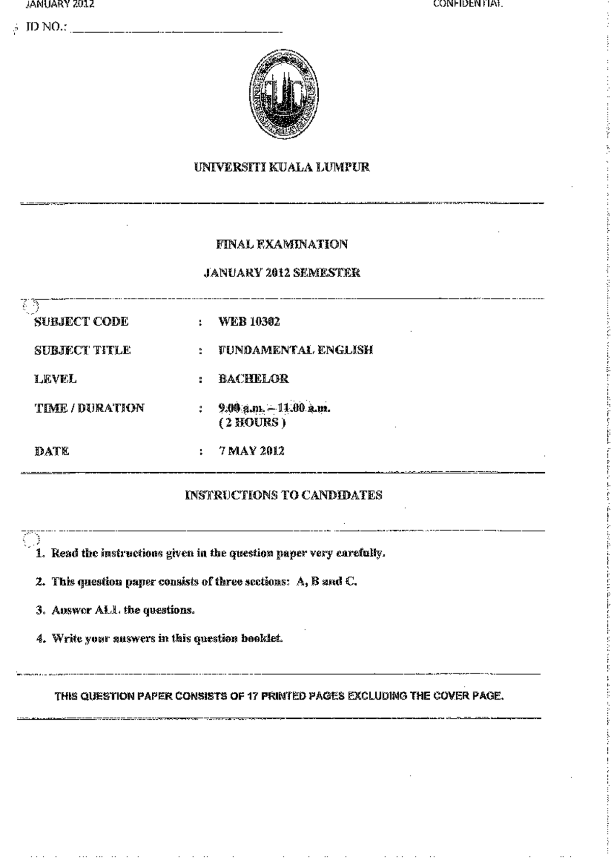 Fundamental English Jan 2012 English 1 Studocu