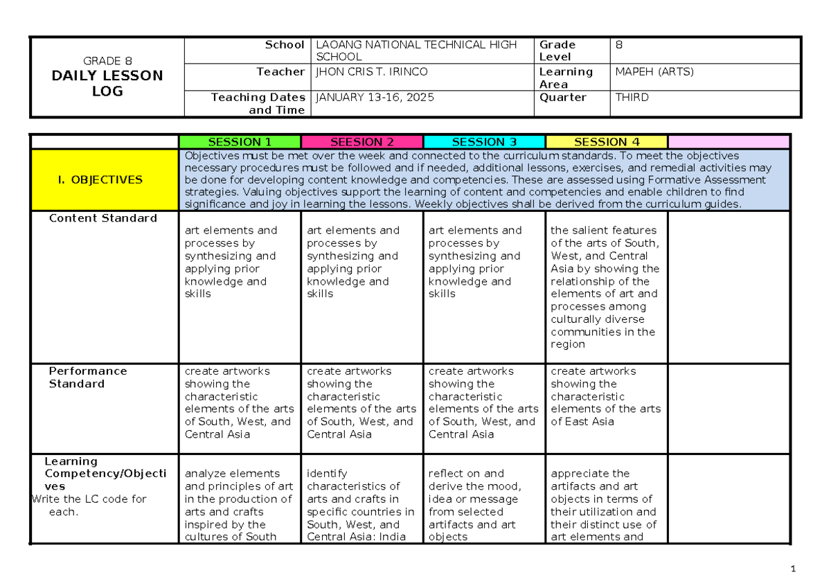 G8 MAPEH 8 Q3 - Daily Lesson Log for Arts (Week of Jan 13-16) - Studocu