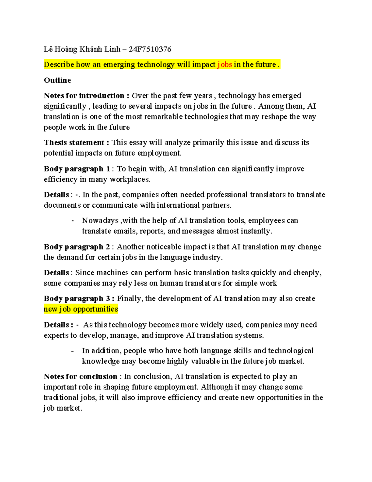 24F7510376 Essay Notes: Impact of AI Translation on Future Jobs - Studocu