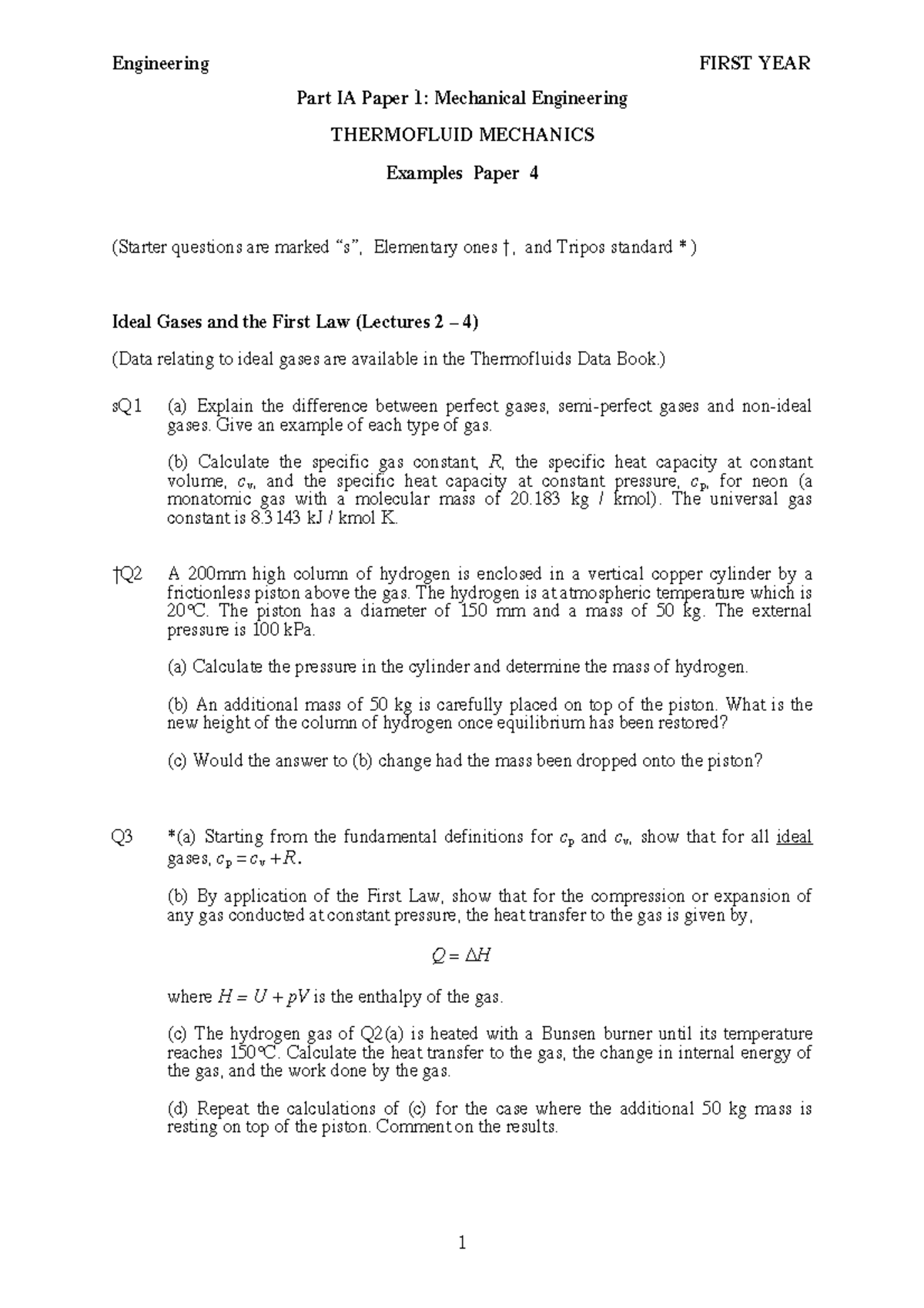 Thermofluid Mechanics Examples Paper 4 Notes - IA Paper 1 2021 - Studocu