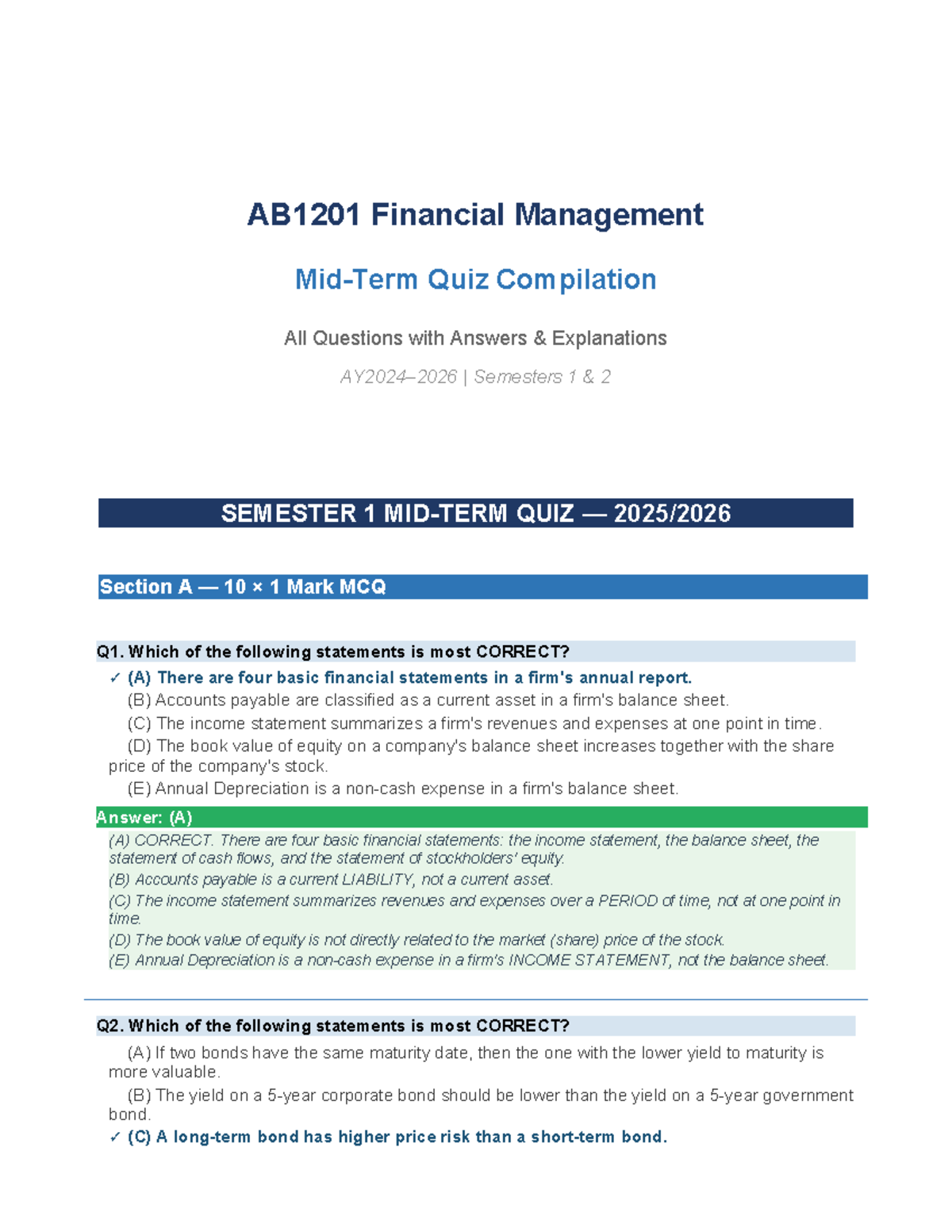 AB1201 Financial Management Midterm Quiz Compilation with Answers - Studocu