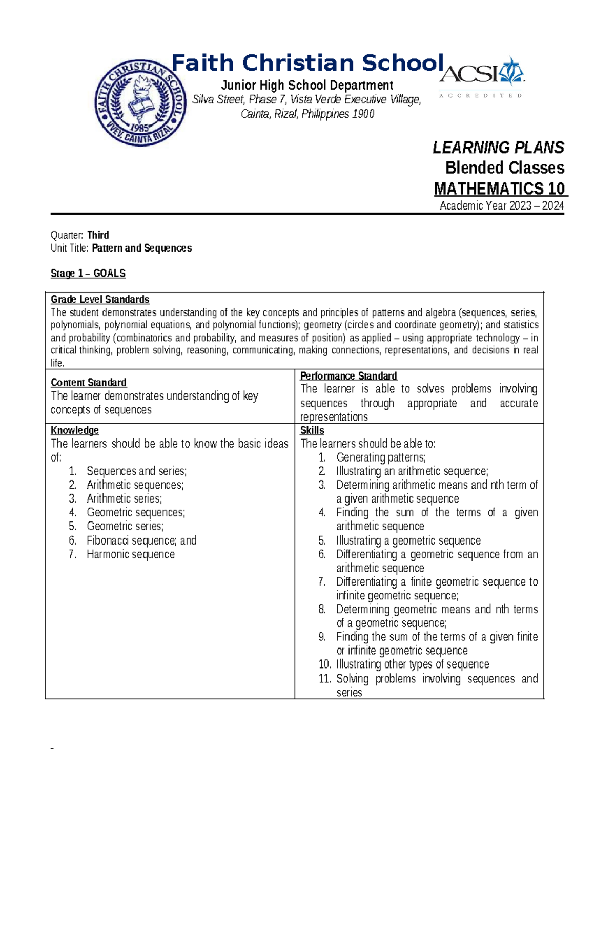 Grade 10 Math Quarter 3 Lesson Plan: Patterns & Sequences Essentials ...