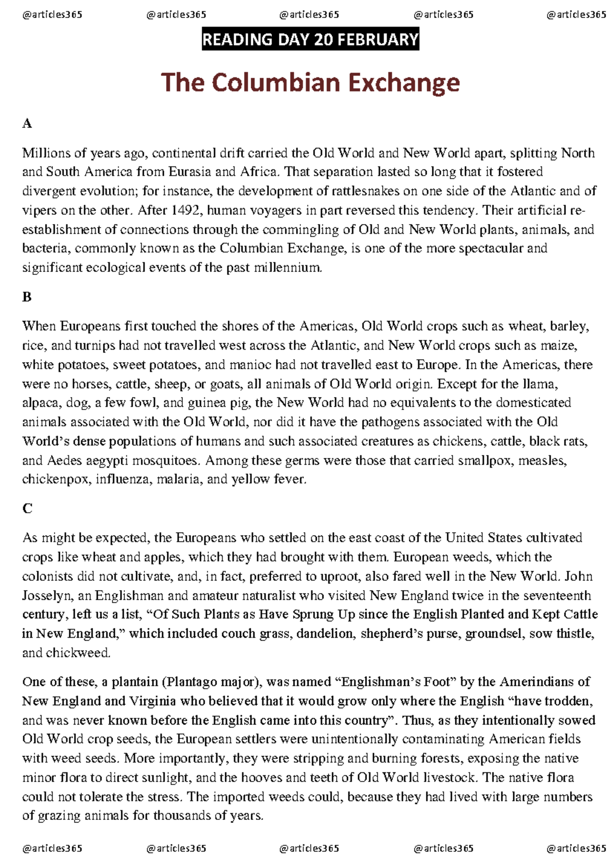 Columbian Exchange Reading Day 20: Practice Test Questions 1-14 - Studocu