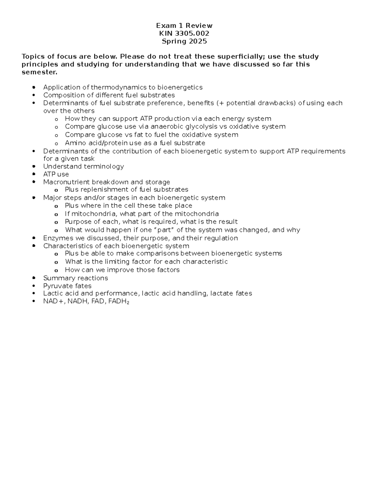 2025 Spring Exam 1 Review - Exam 1 Review KIN 3305. Spring 2025 Topics ...