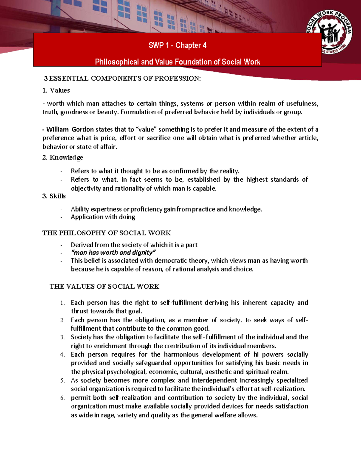 SWP 1 Chapter 4: Philosophical Foundations of Social Work - Studocu