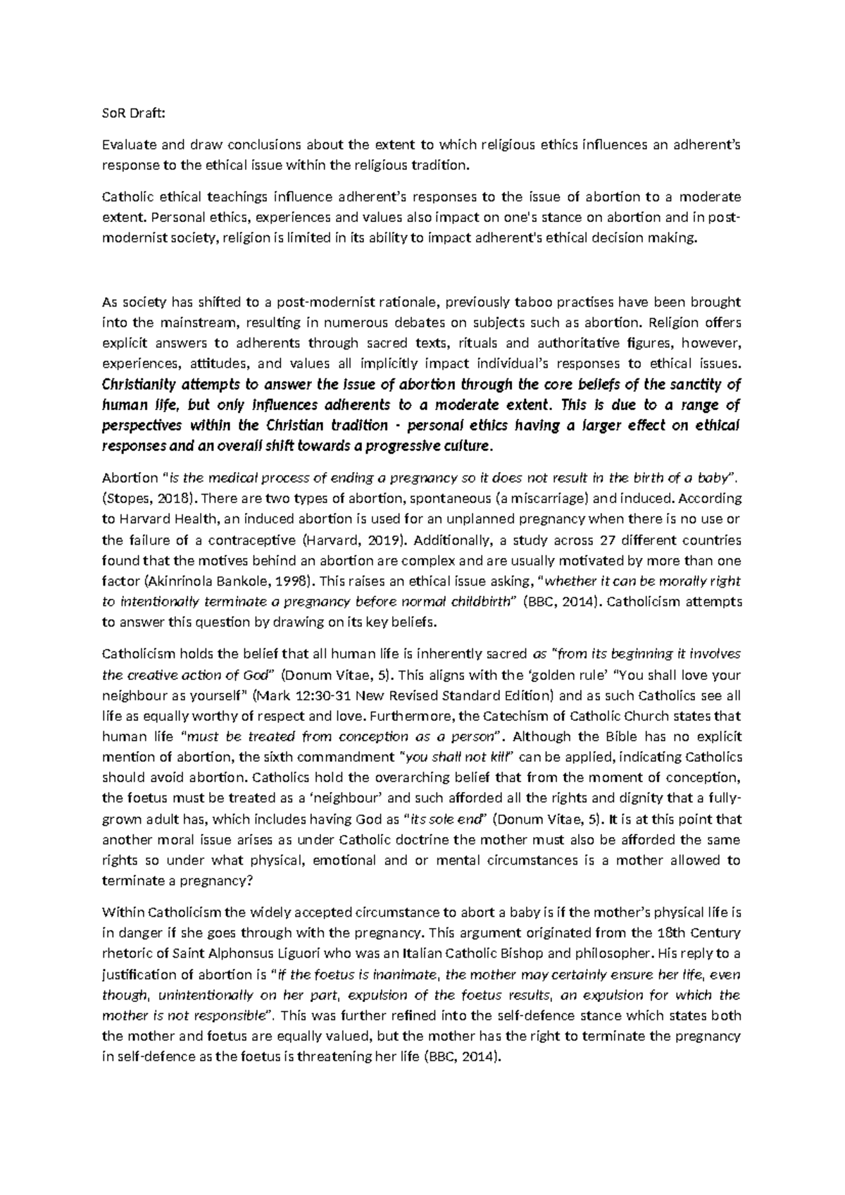 SoR Draft: The Influence of Catholic Ethics on Abortion Decisions - Studocu