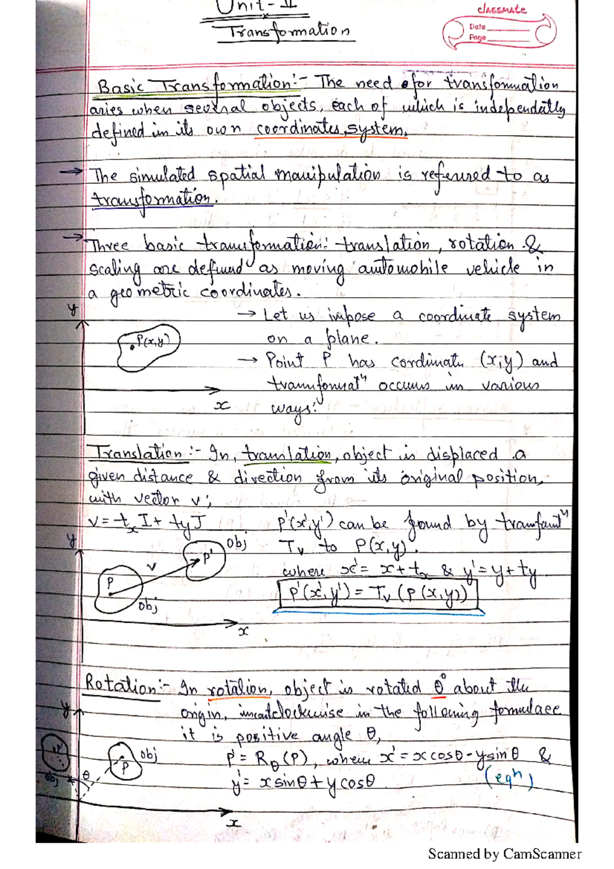 Computer Graphics Unit II - classmate Transformation Date Page Basic ...