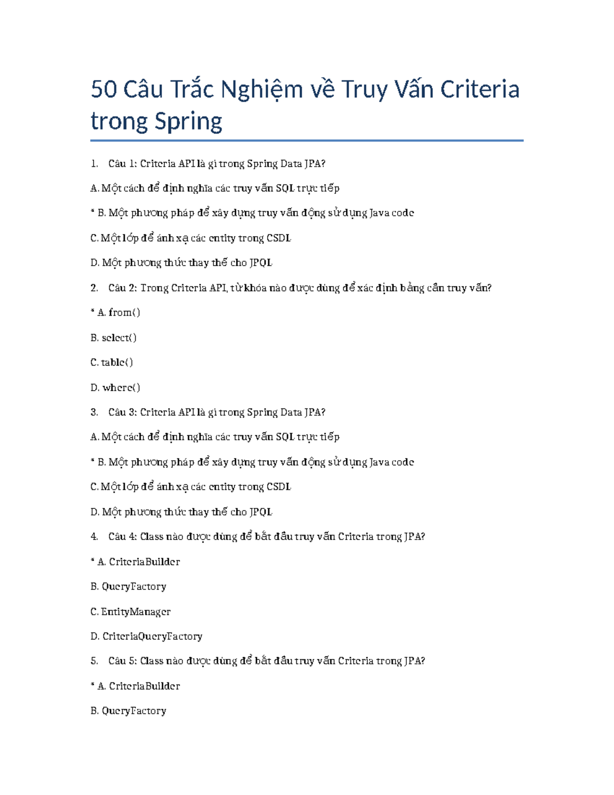50 Câu Trắc Nghiệm về Criteria API trong Spring Data JPA - Studocu