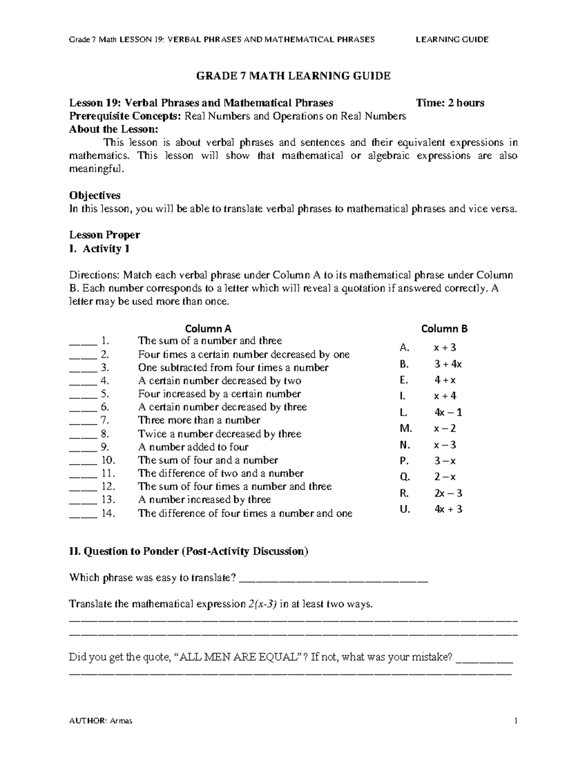 Grade 7 Math Lesson 19: Verbal & Mathematical Phrases Guide - Studocu