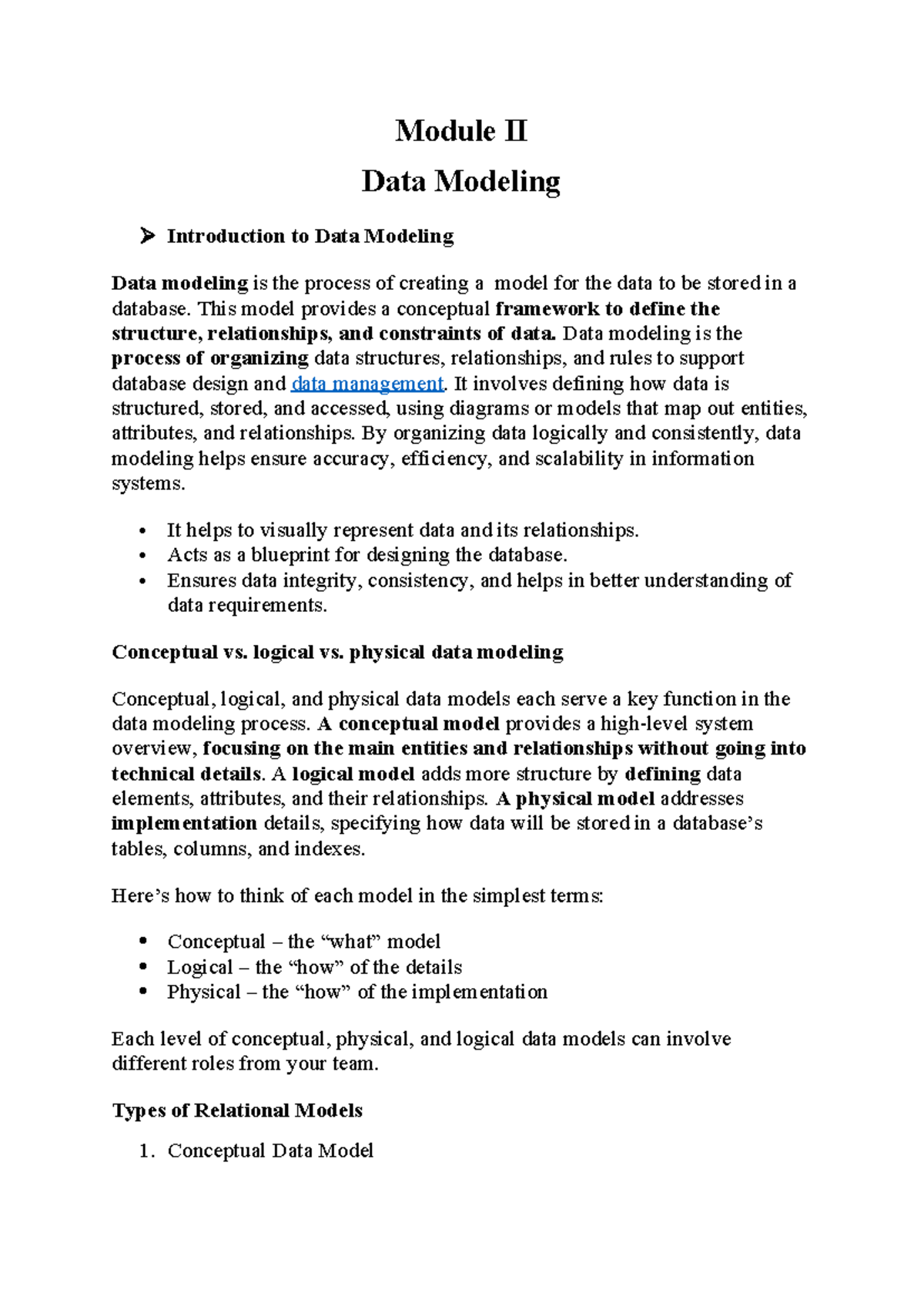 Module II - Data Modeling Exam Revision Notes - Studocu