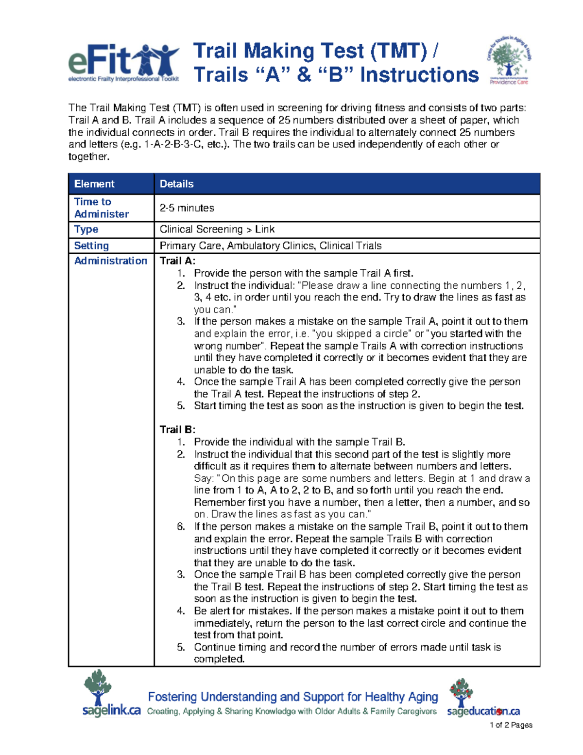 Trails A B Instructions - Trail Making Test (TMT) / Trails “A” & “B ...