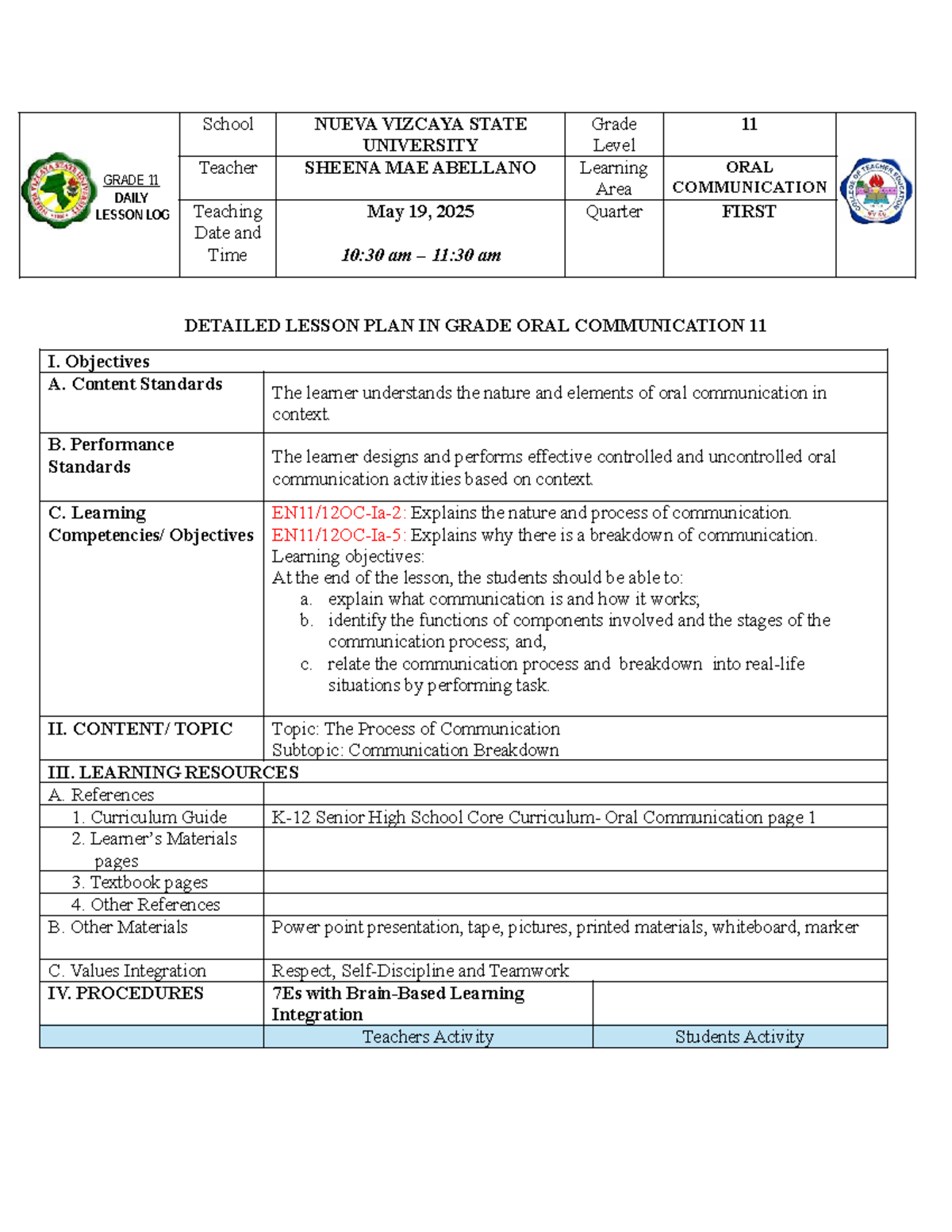 OCC-11 Final Lesson Plan: Understanding Oral Communication Process ...