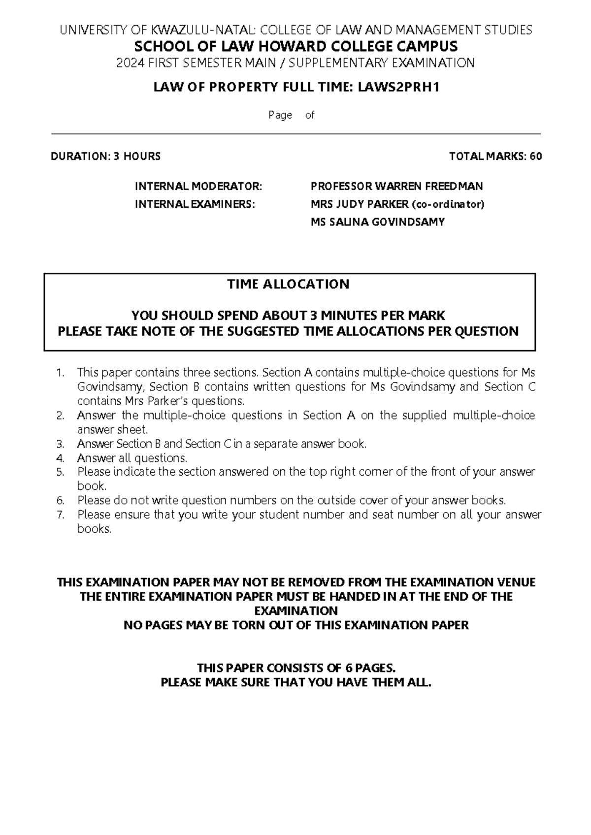 LAWS2PRH1 Property Law Main & Supplementary Exam Format 2024 - Studocu