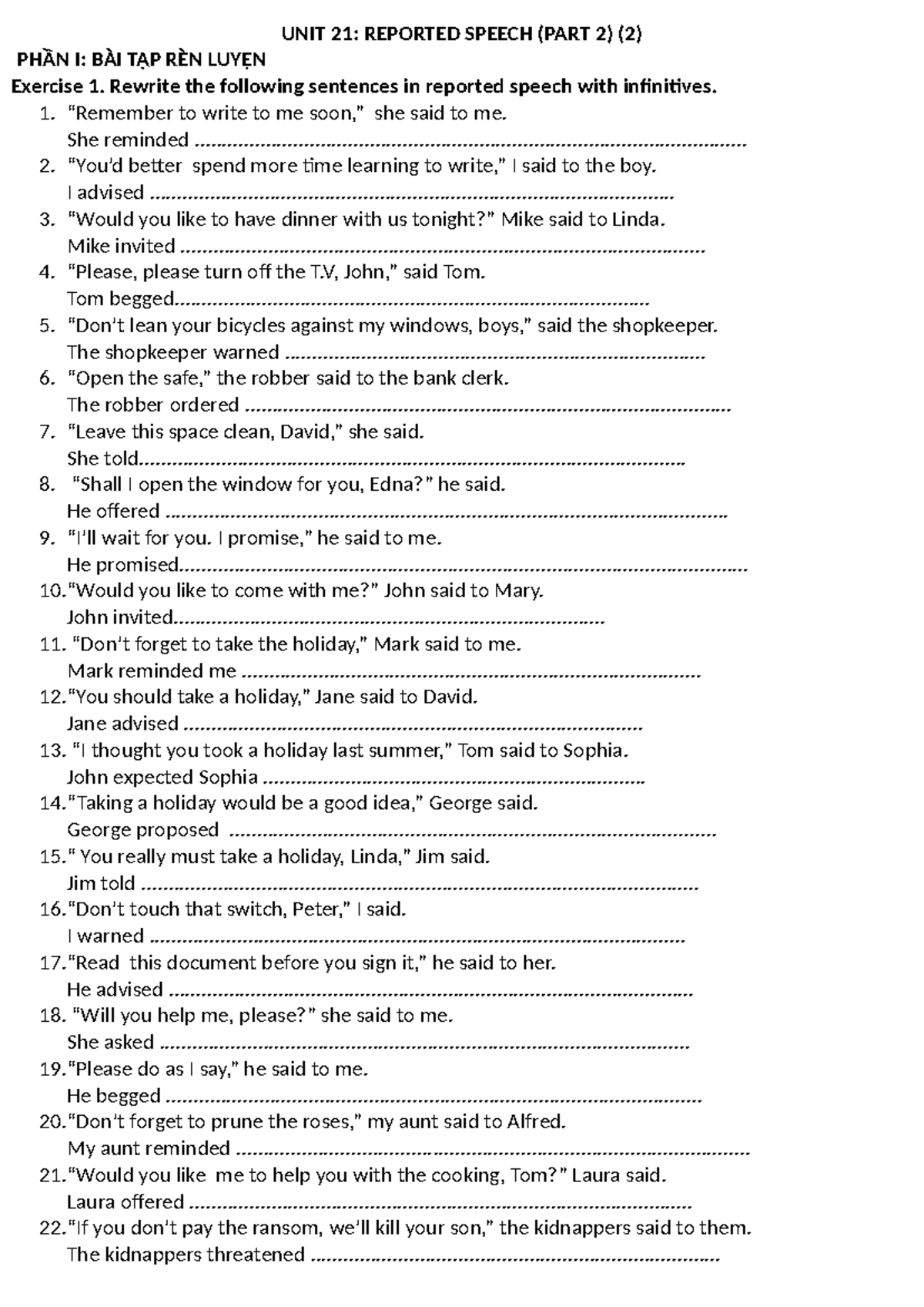 UNIT 21: REPORTED SPEECH EXERCISES (PART 2) - PHẦN I & II - Studocu