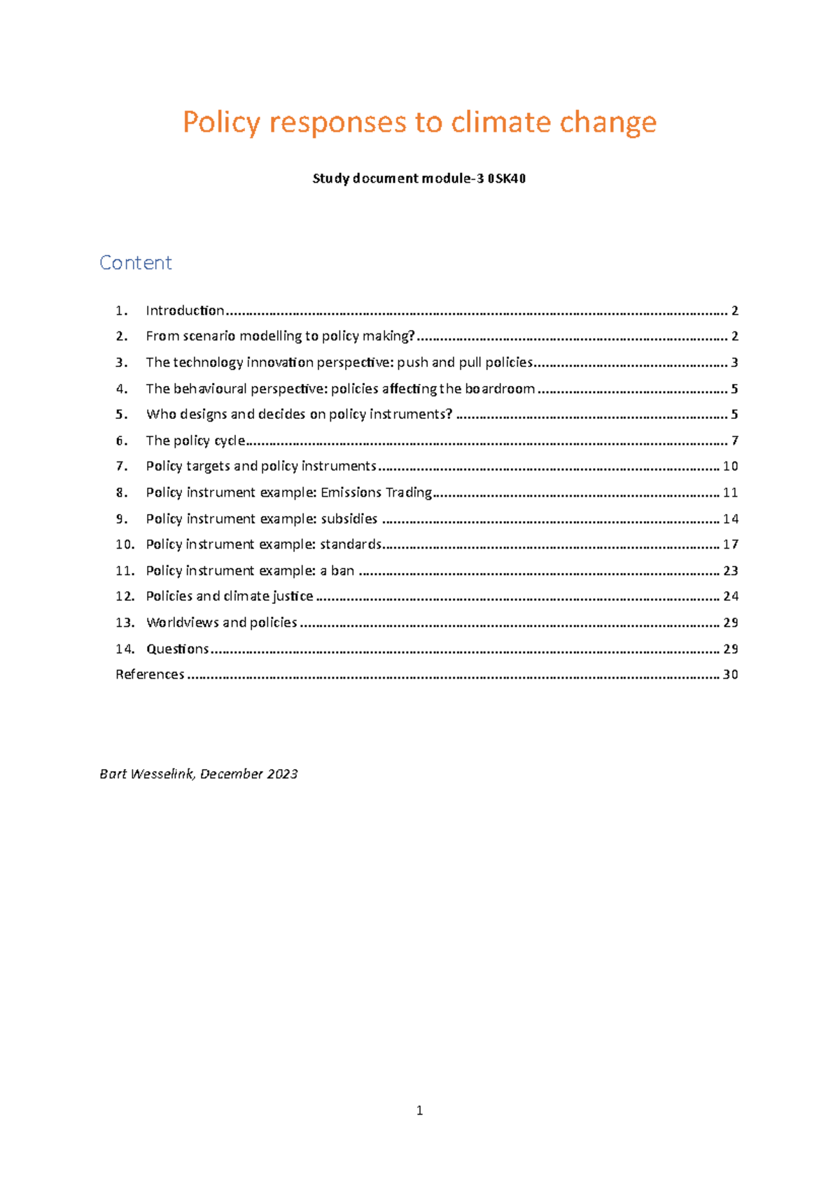 Policy Responses to Climate Change: Study Document 0SK40 - Studeersnel